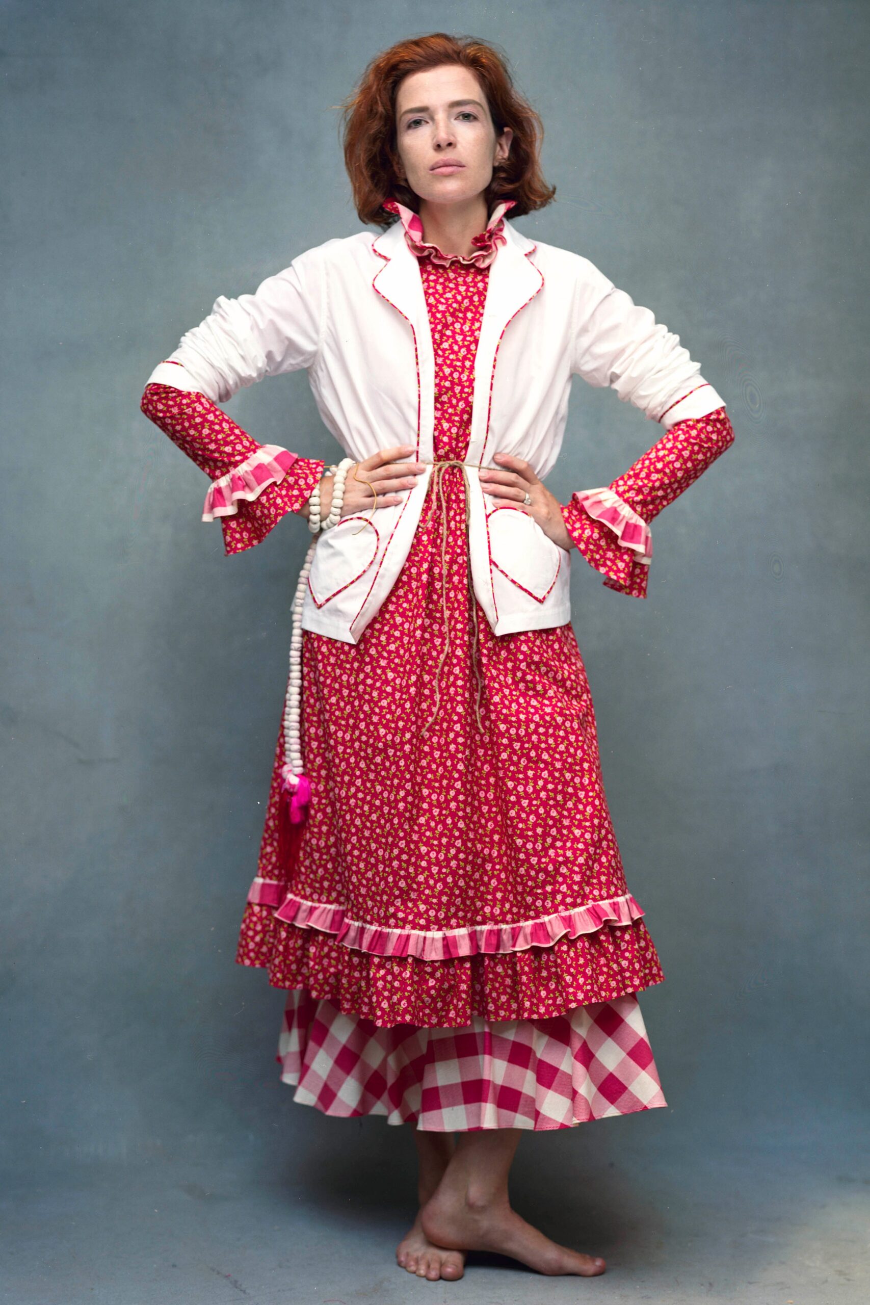 red and white pleated dress with jacket