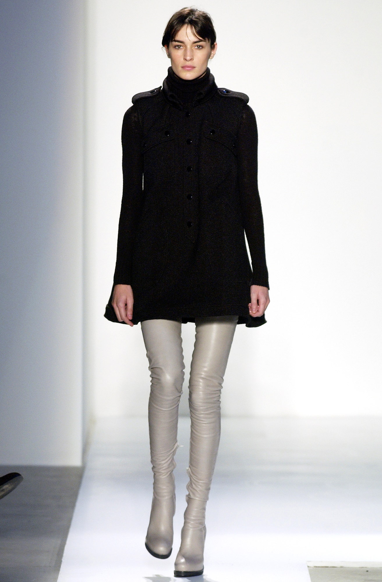 black wool long-sleeve collared fitted buttoned a-line dress