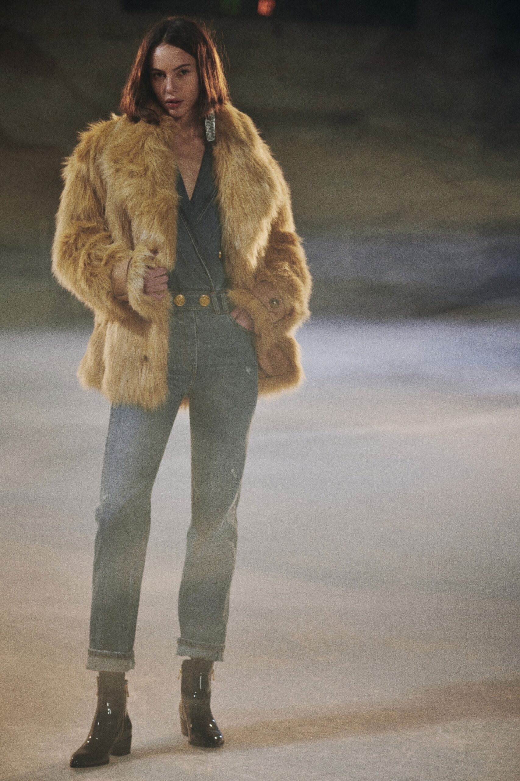 brown faux-fur coat with blue top