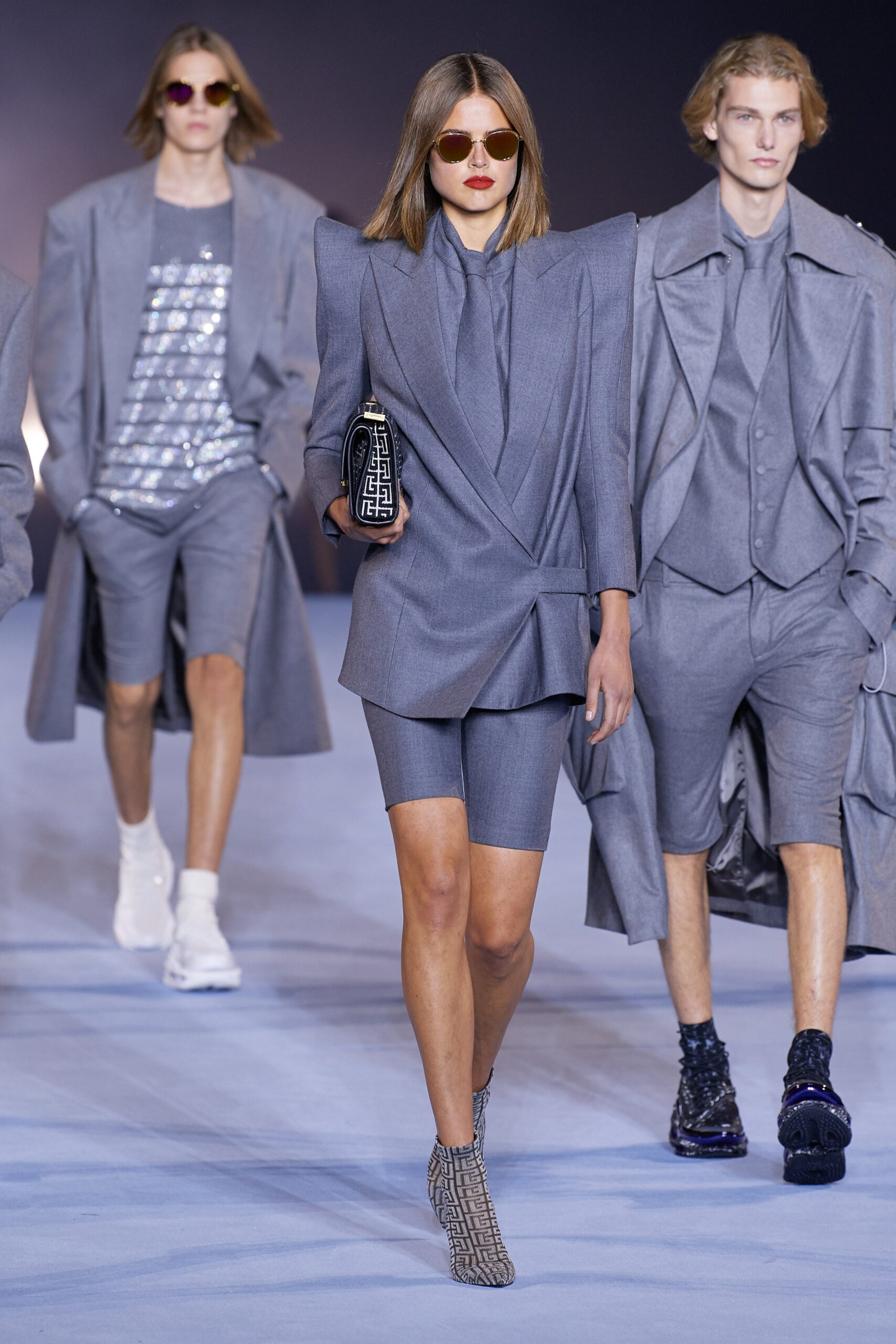 tailored gray blazer with fitted shorts