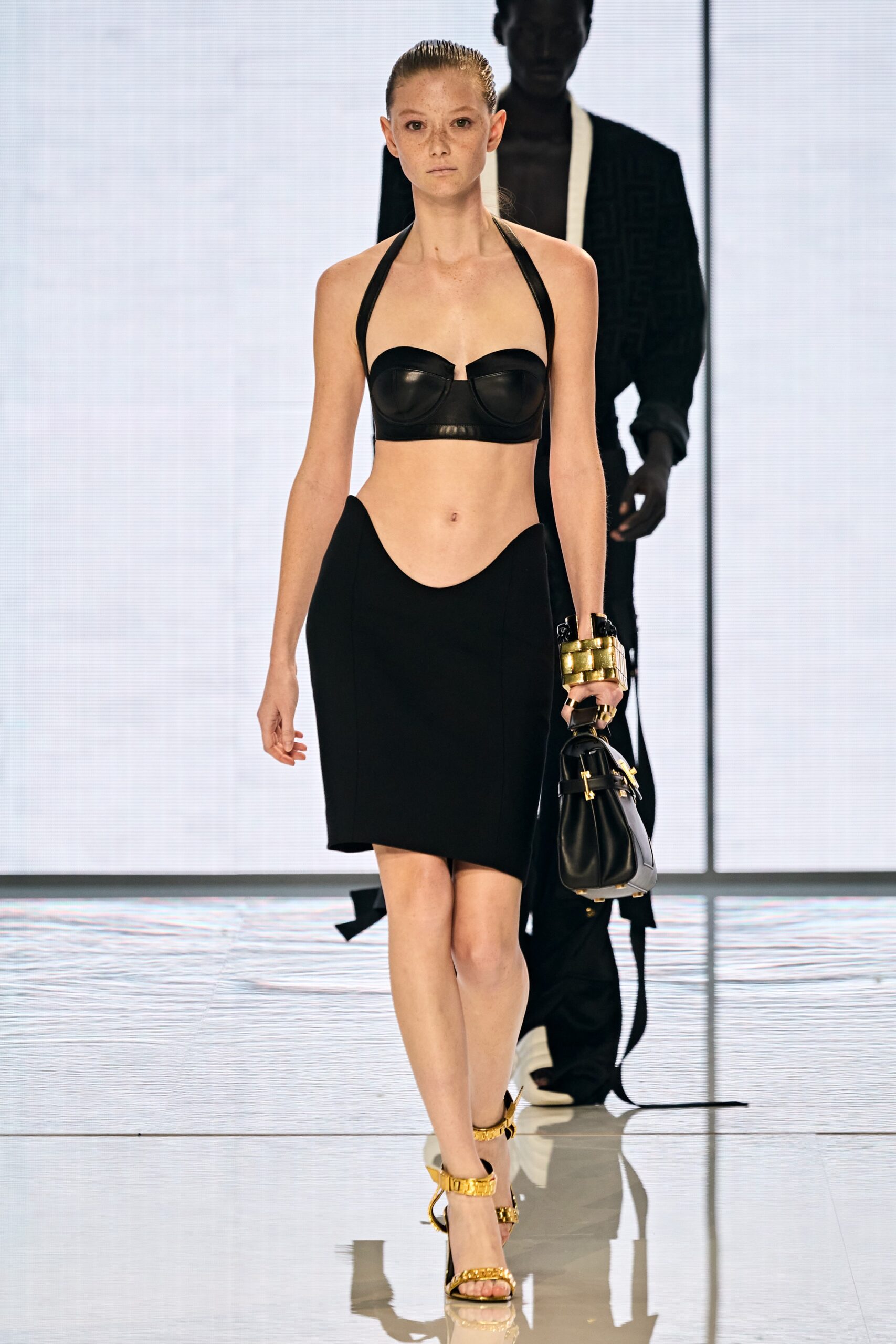 black leather halter top and pencil skirt