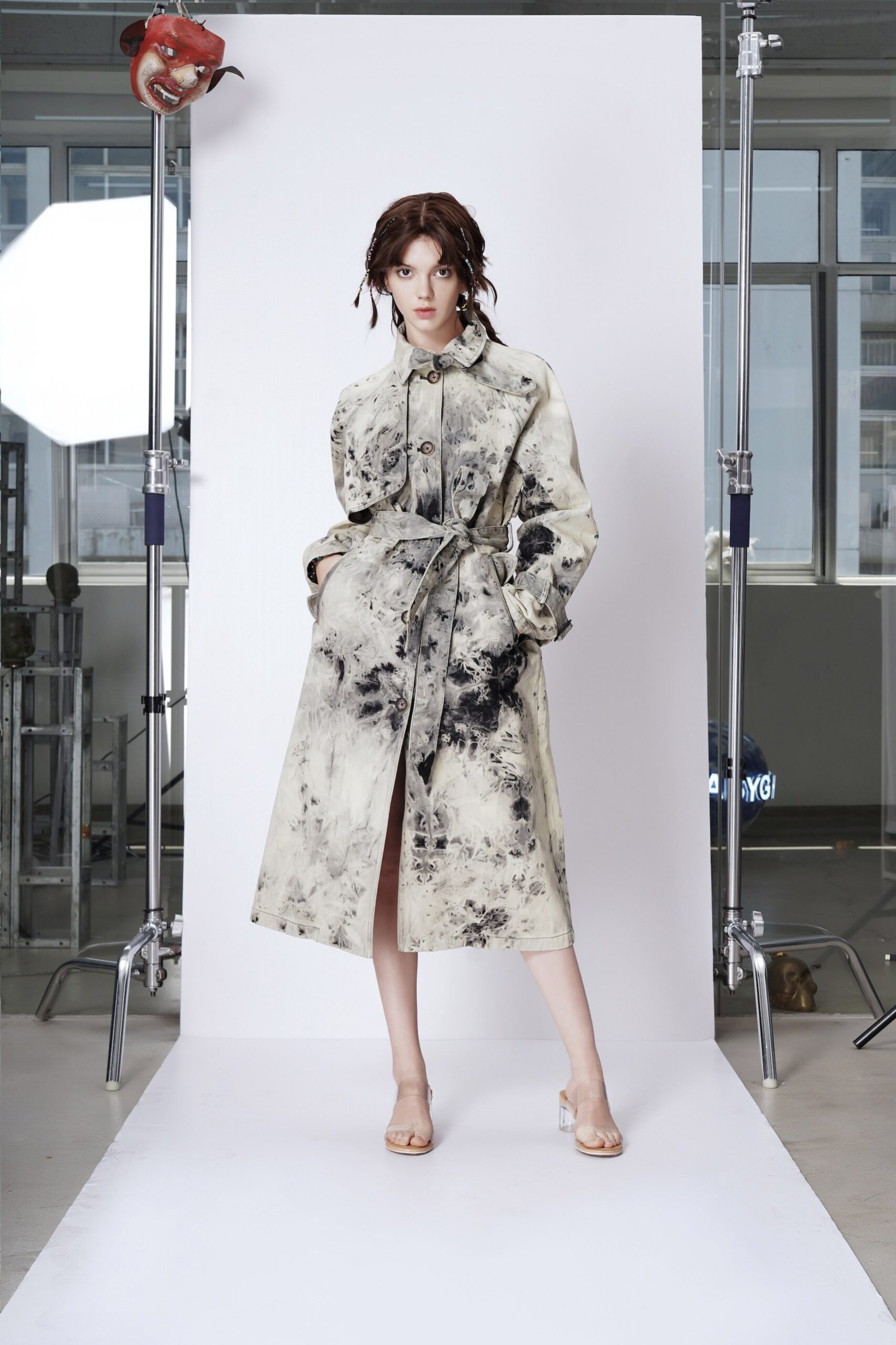 beige and black printed trench coat