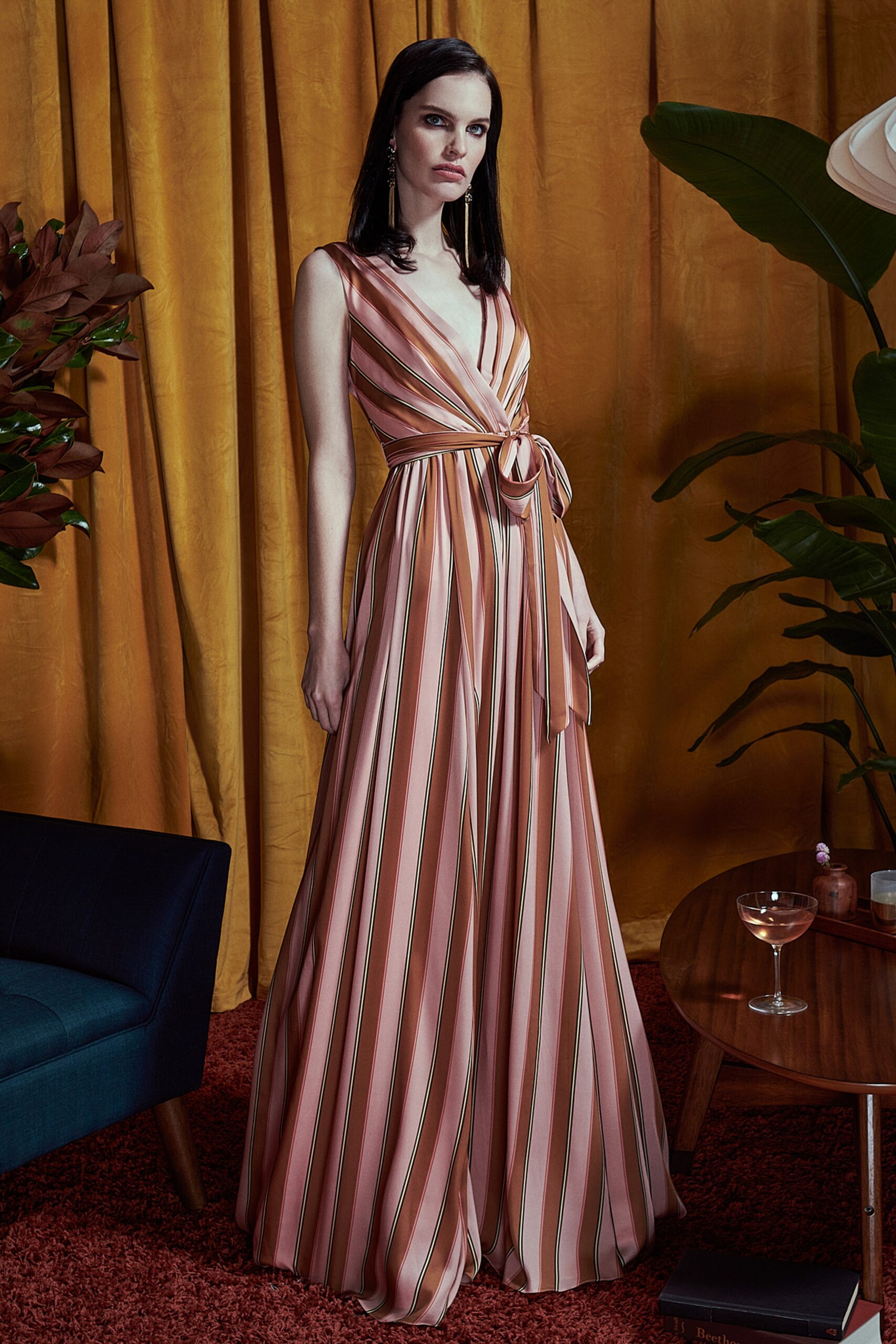 pink striped belted maxi dress