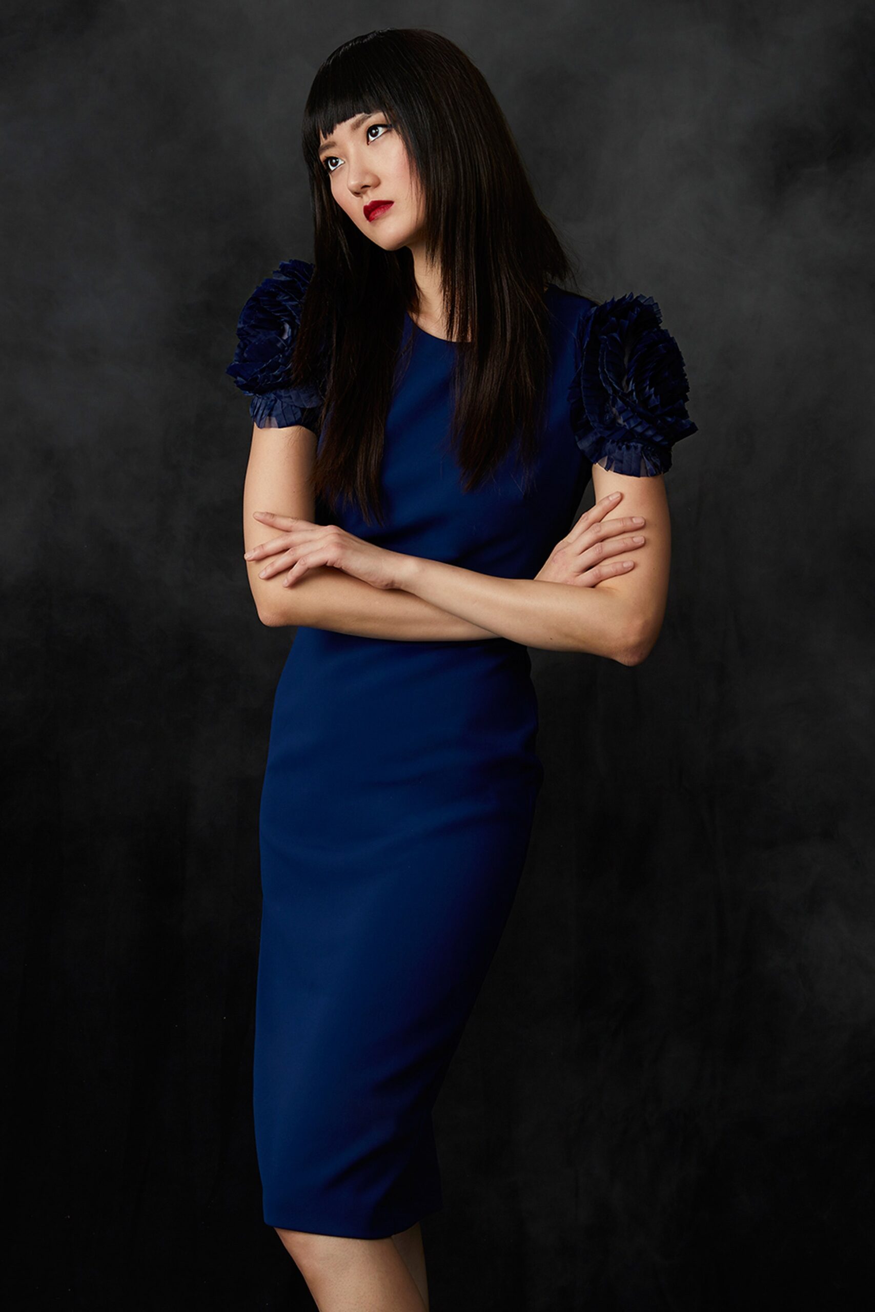 blue silk fitted dress