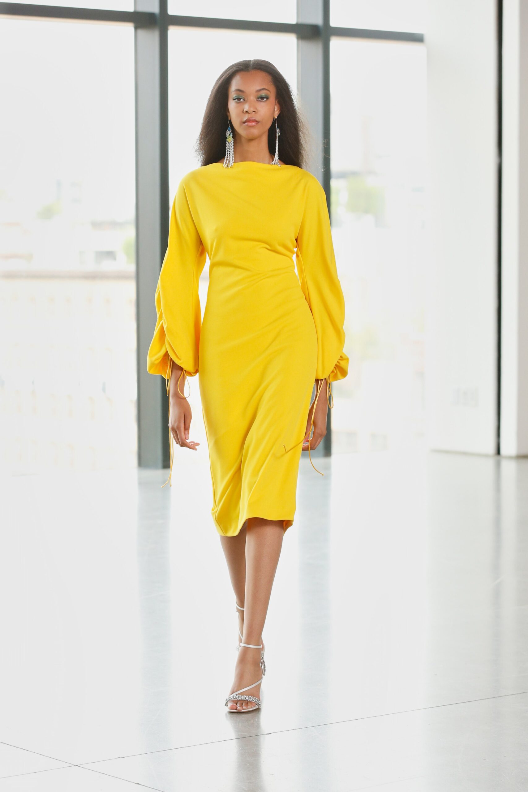fitted yellow midi dress