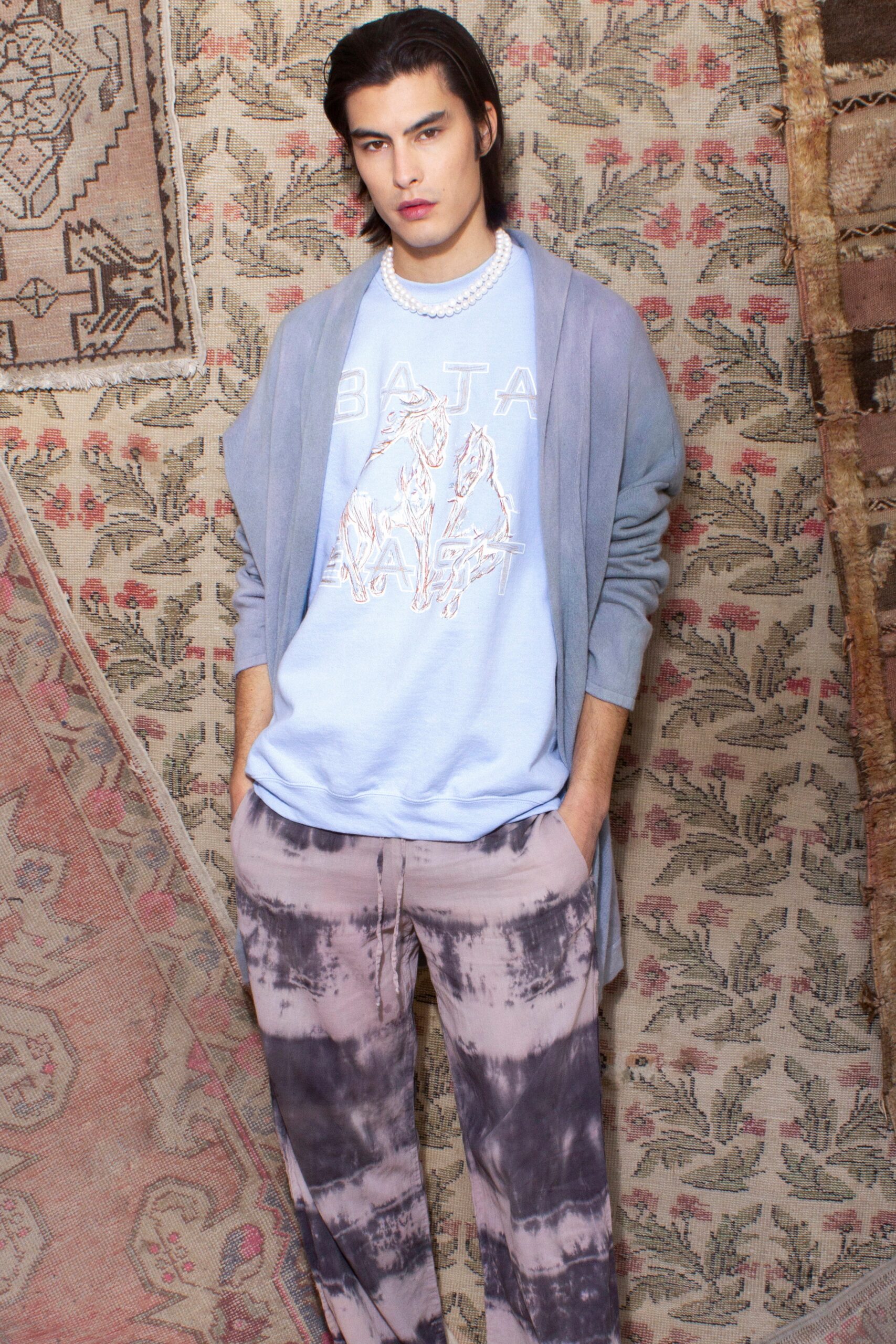 blue printed sweater with gray cardigan