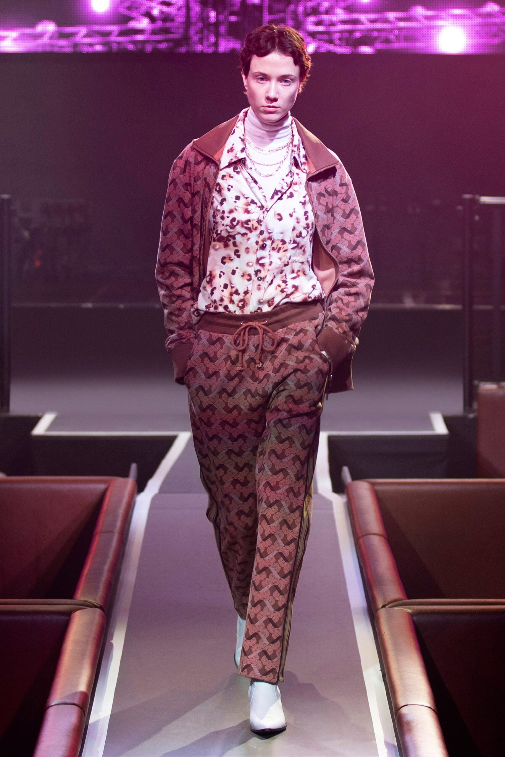 brown cotton jacket with floral shirt