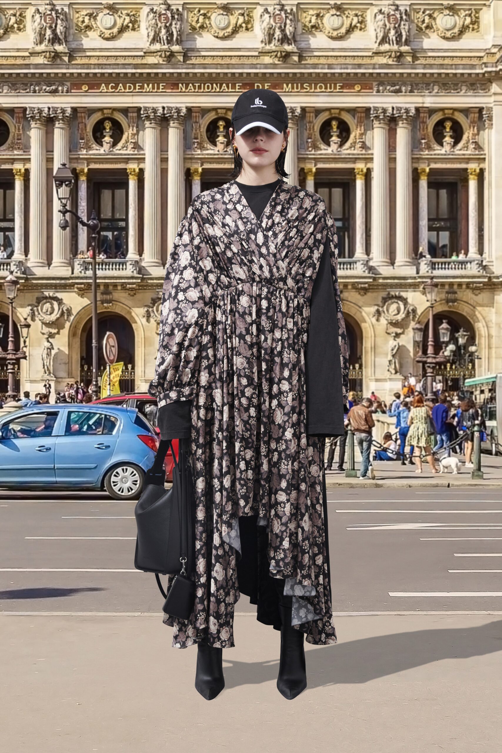 black silk long-sleeve v-neck relaxed flared layered dress