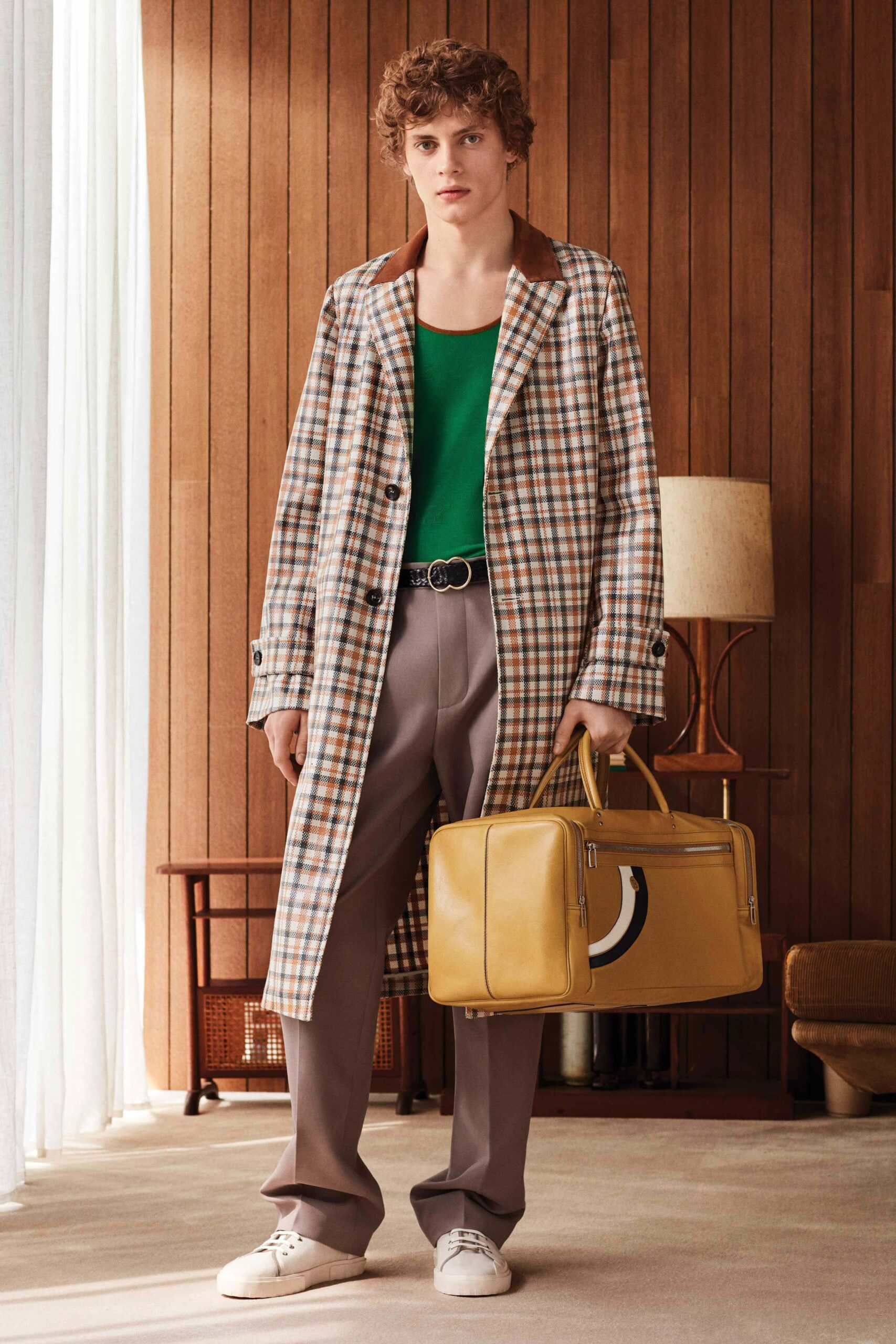 beige checked coat with green top