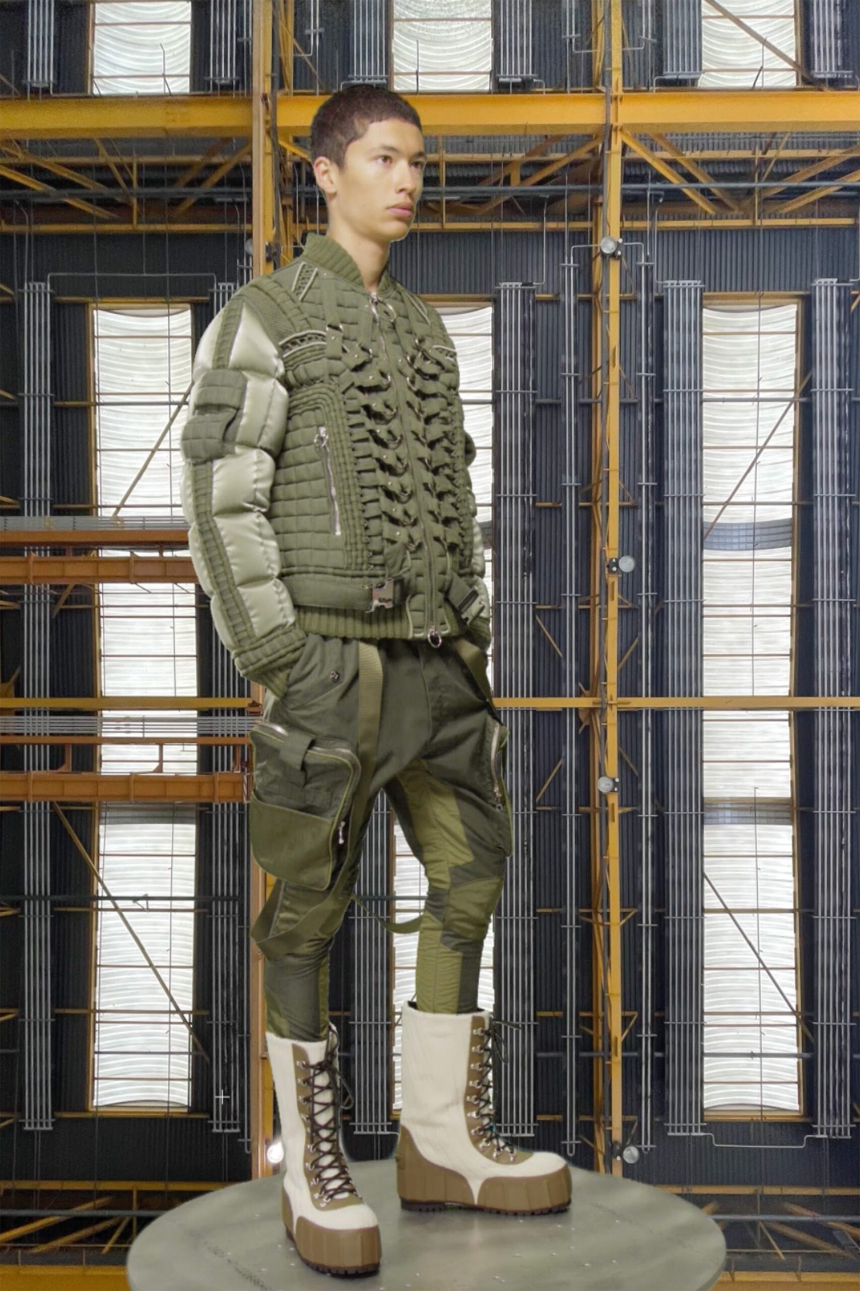 green padded jacket with cargo pants