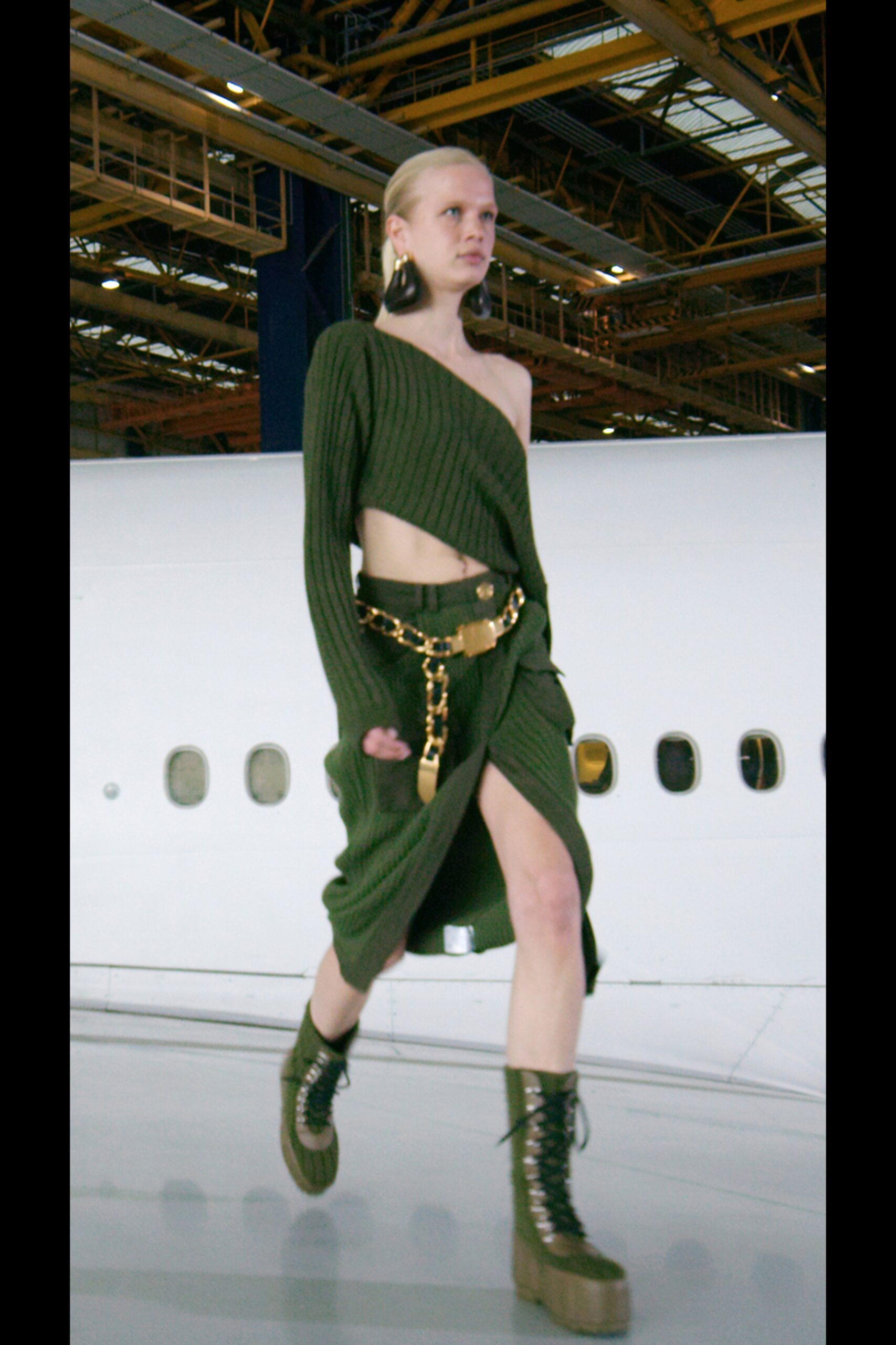 green knit sleeveless asymmetric fitted draped midi dress