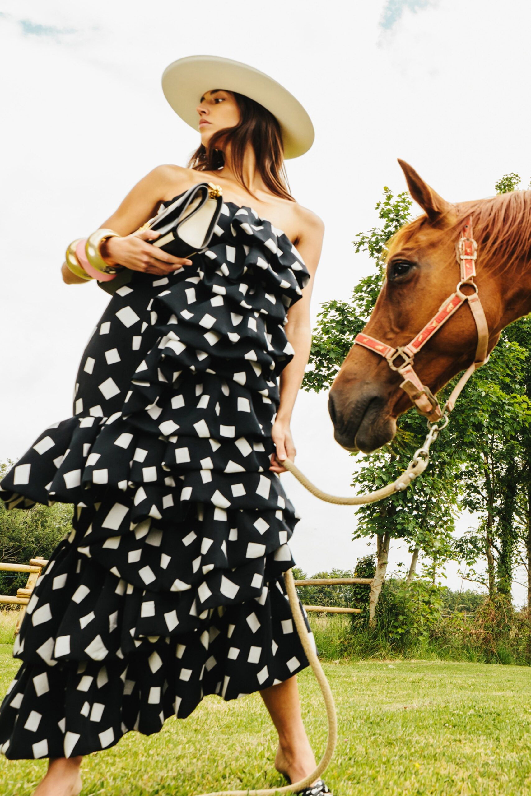 black and white ruffled maxi dress