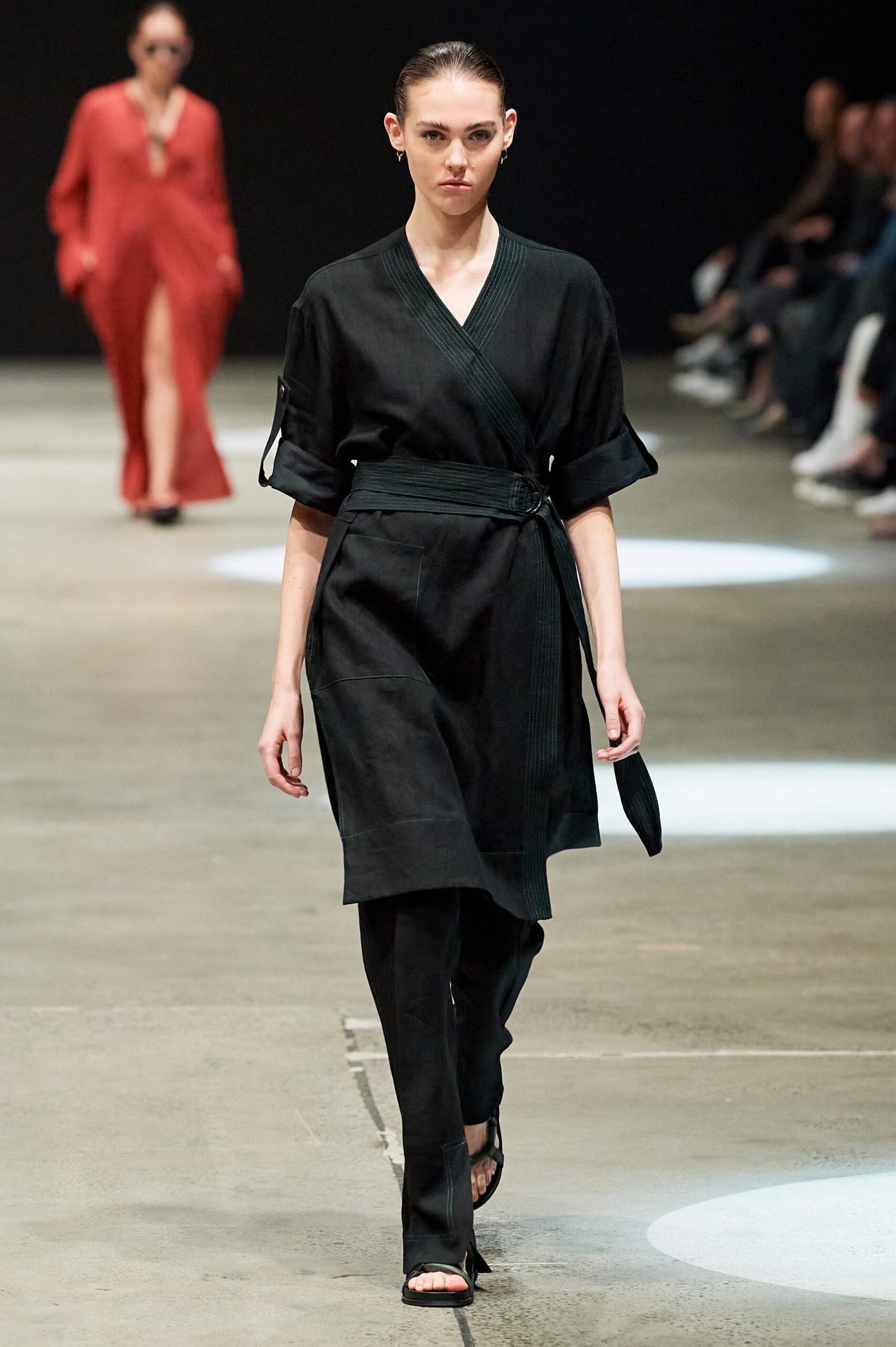 black fitted wrap dress with pants