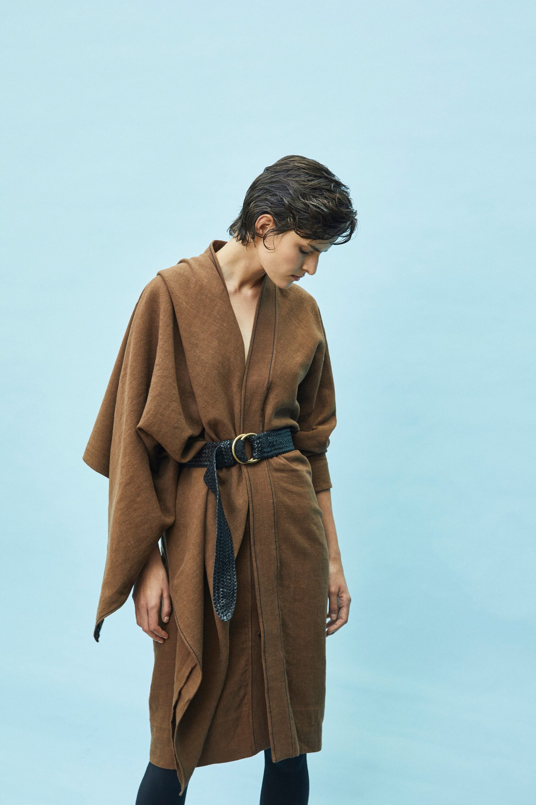 brown relaxed wool belted dress