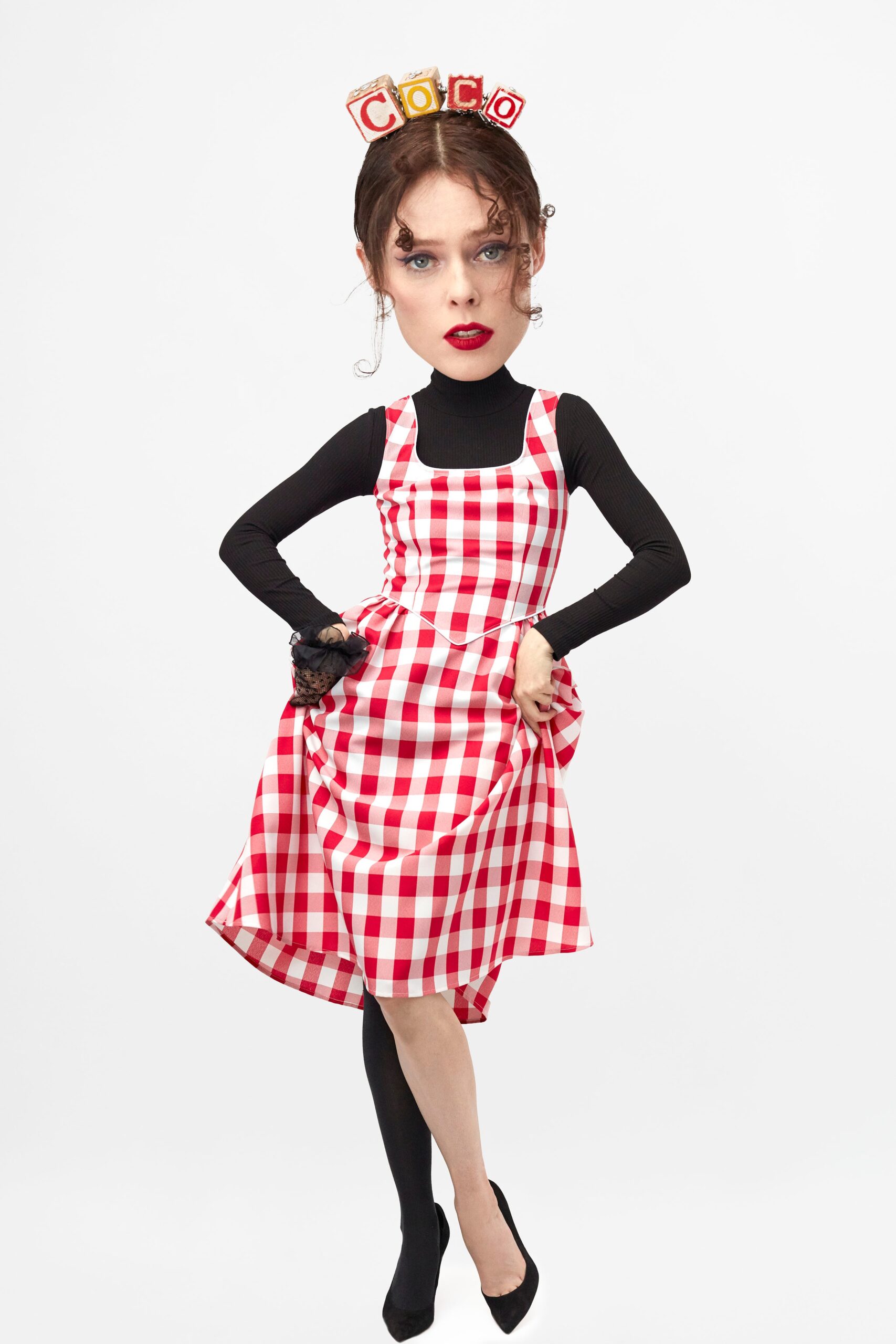 red and white checked midi dress with black top