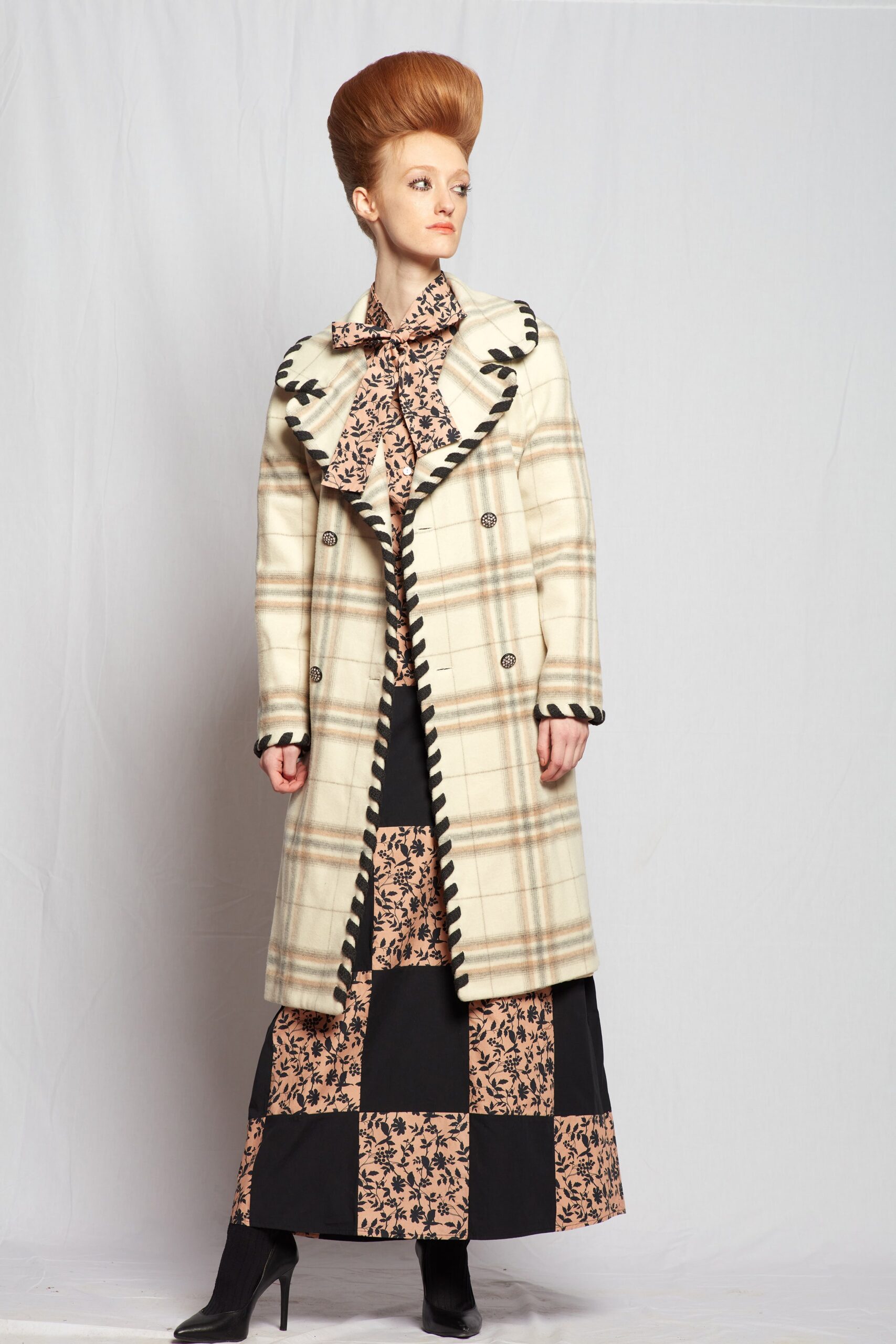 beige checked coat and floral dress