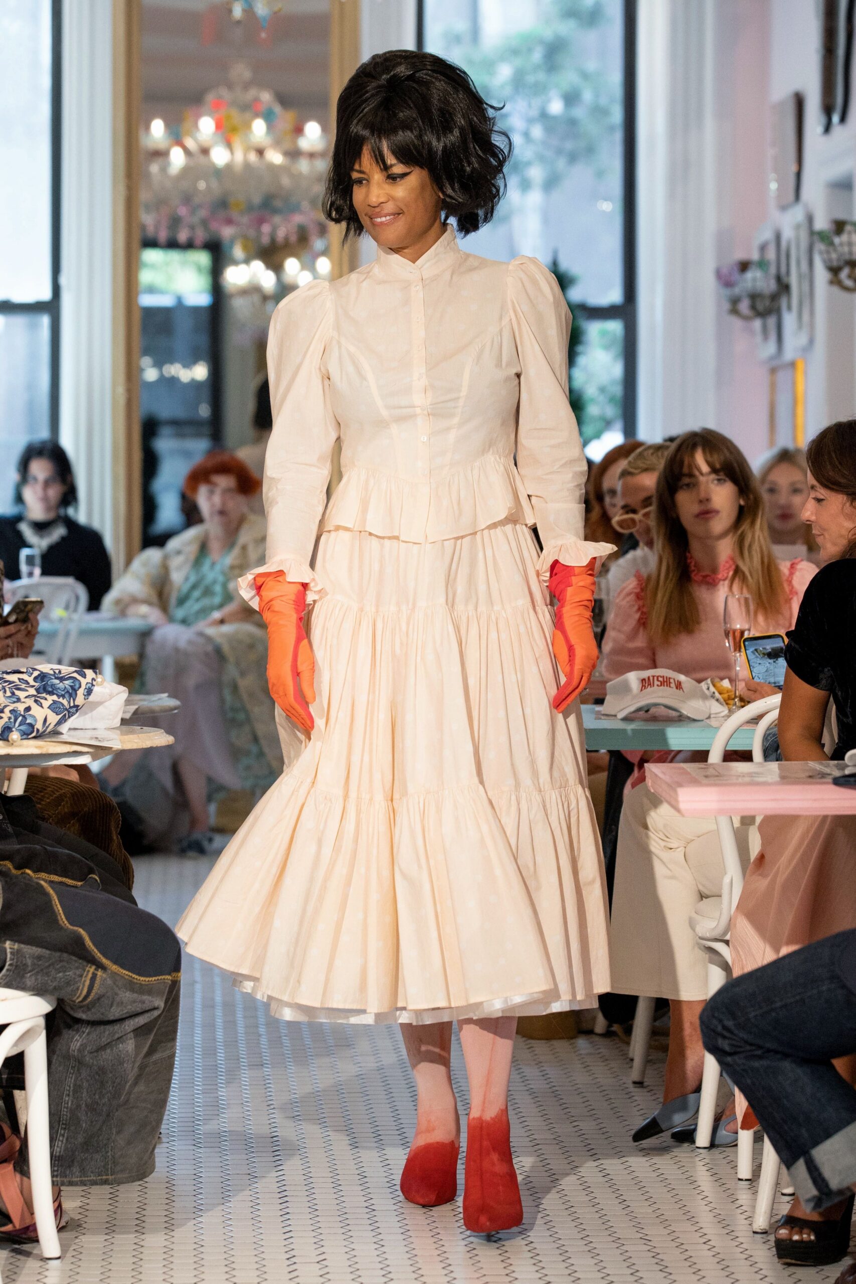 white tiered midi dress with gloves