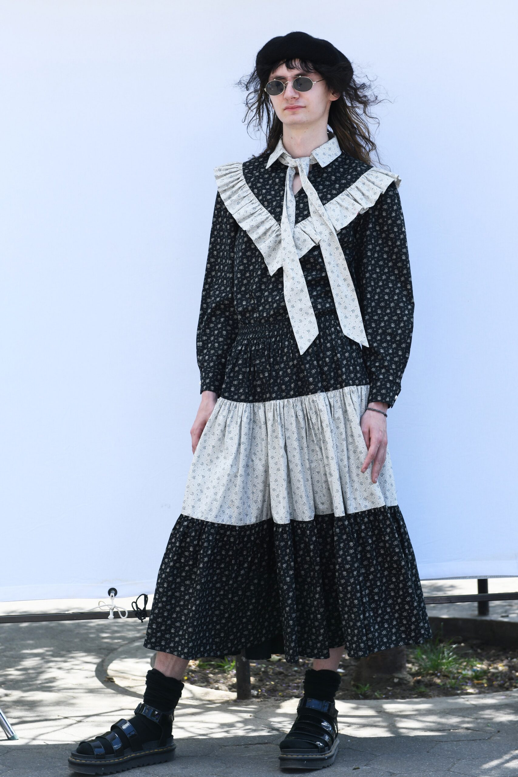 black and white pleated midi dress