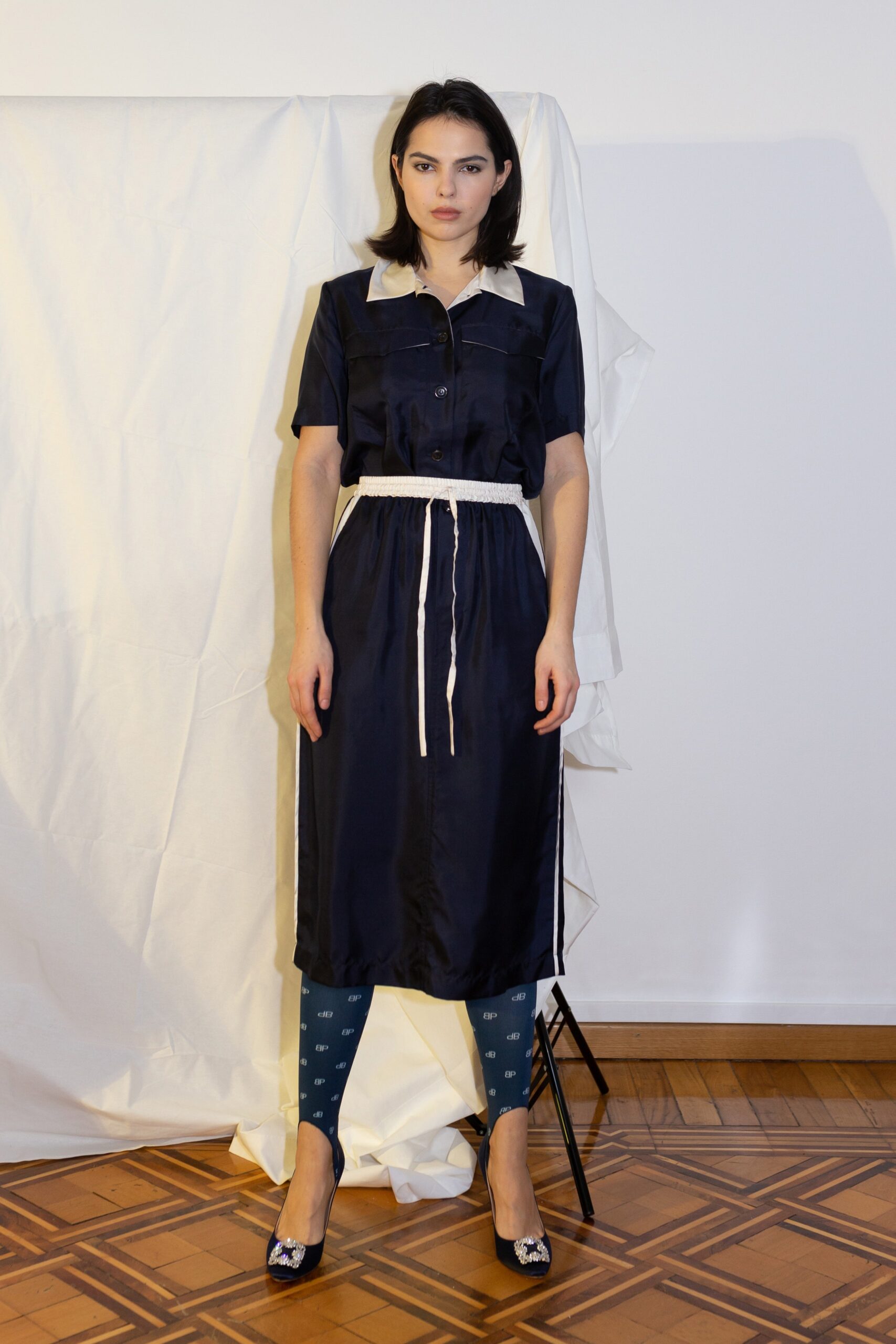 navy silk belted midi dress