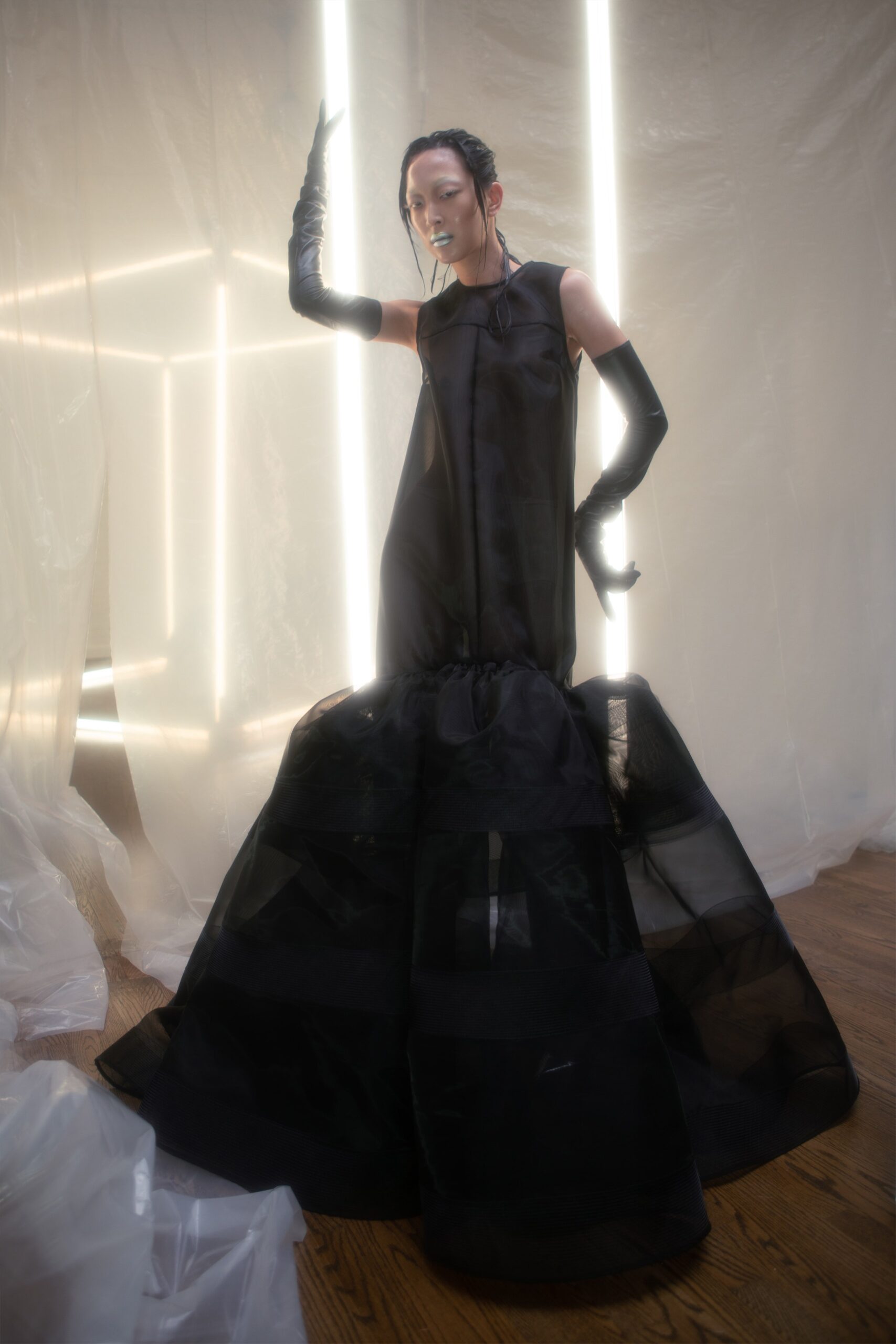 black silk sleeveless gown