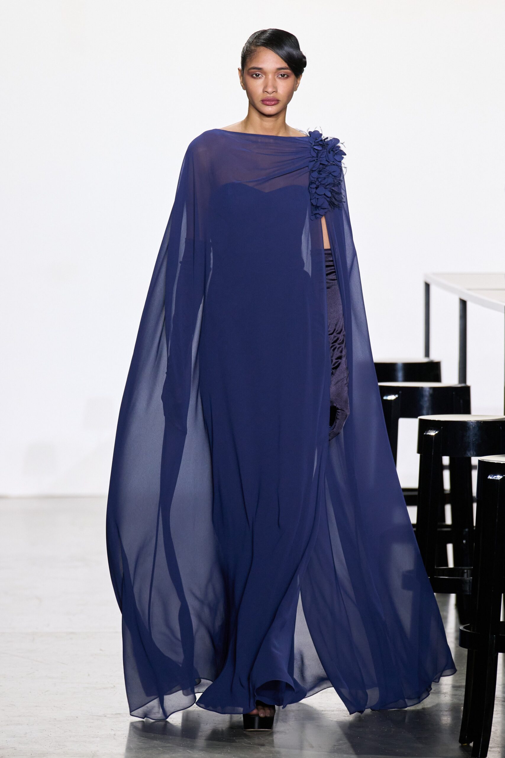 blue chiffon gown with cape