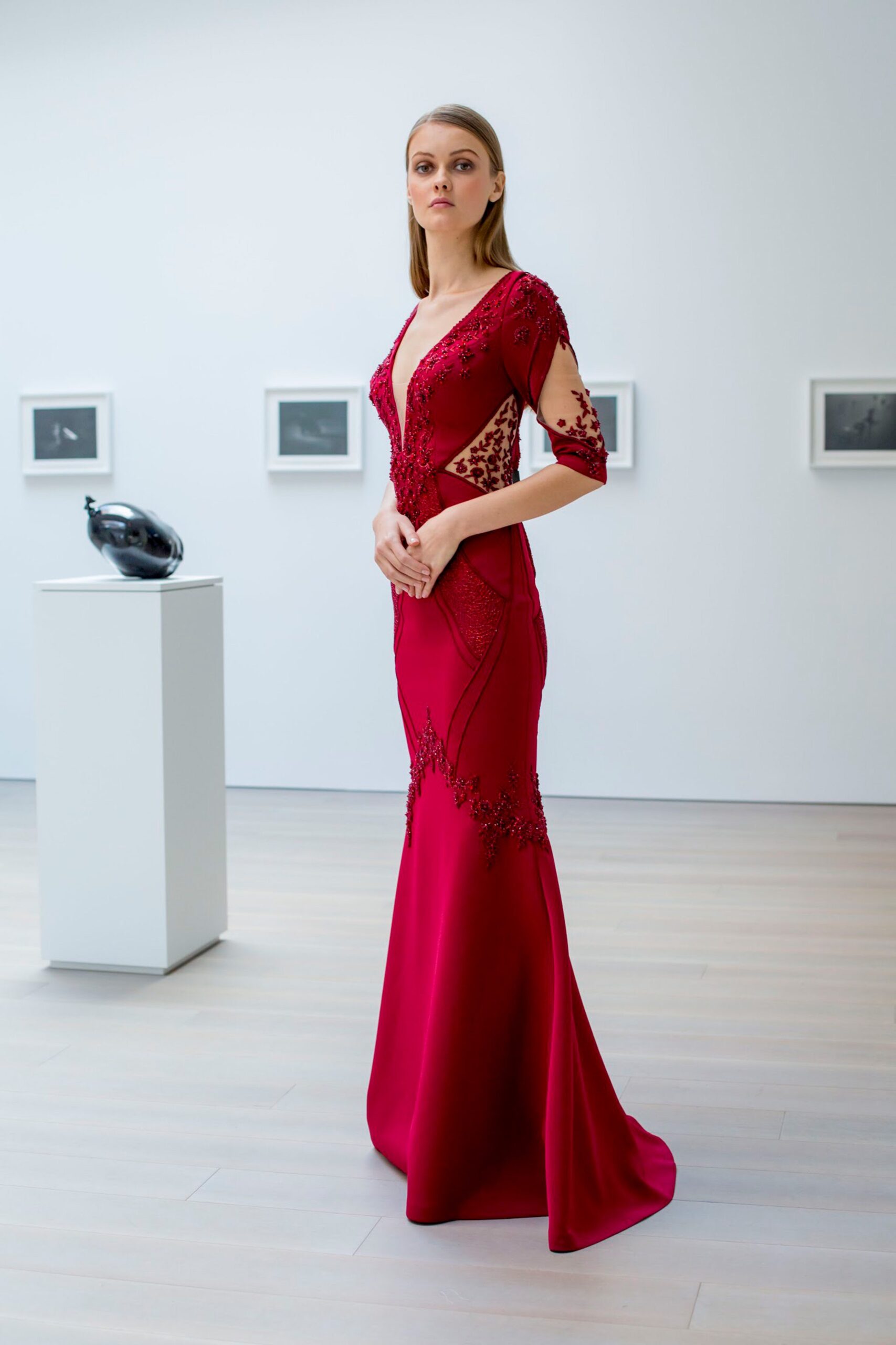 red fitted silk gown