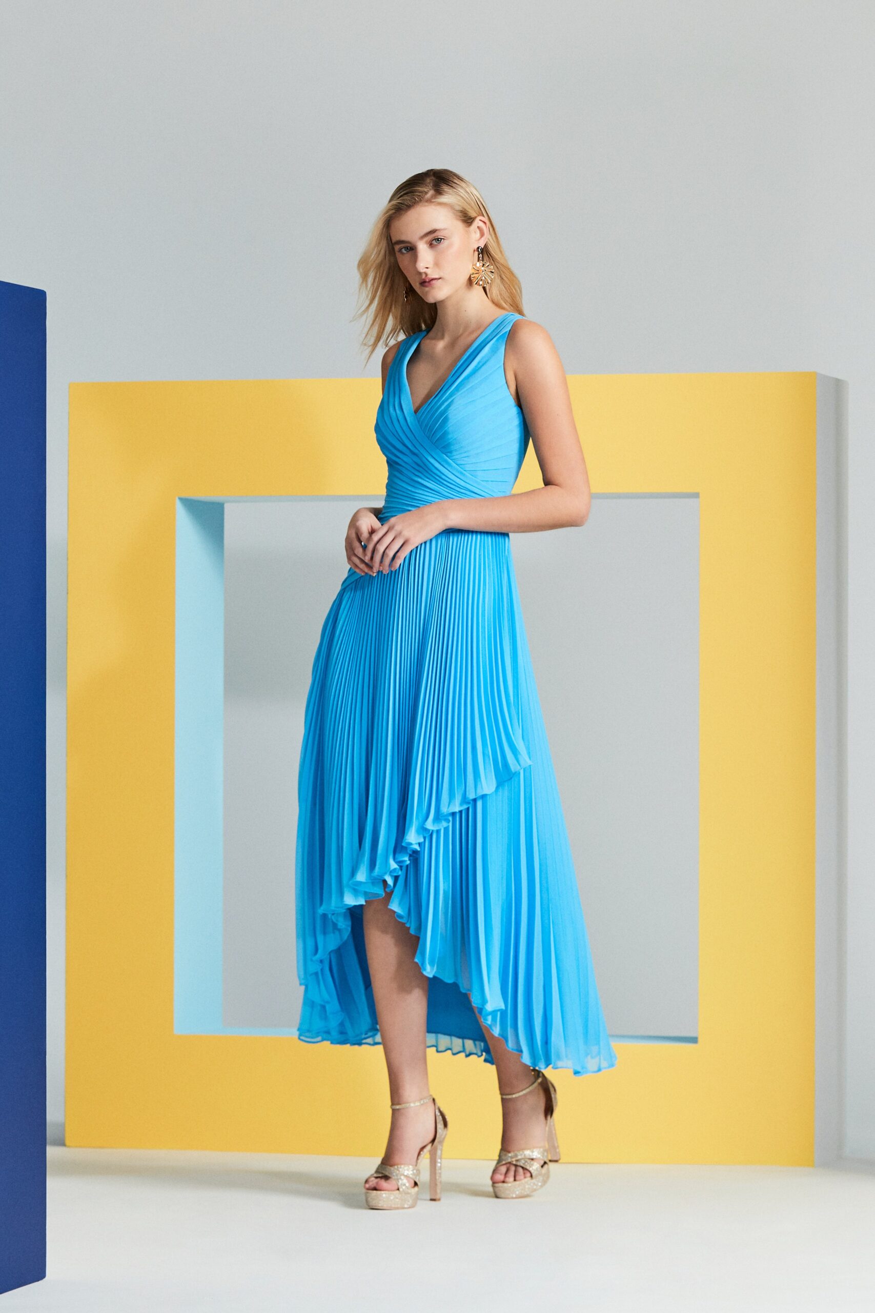 blue pleated midi dress