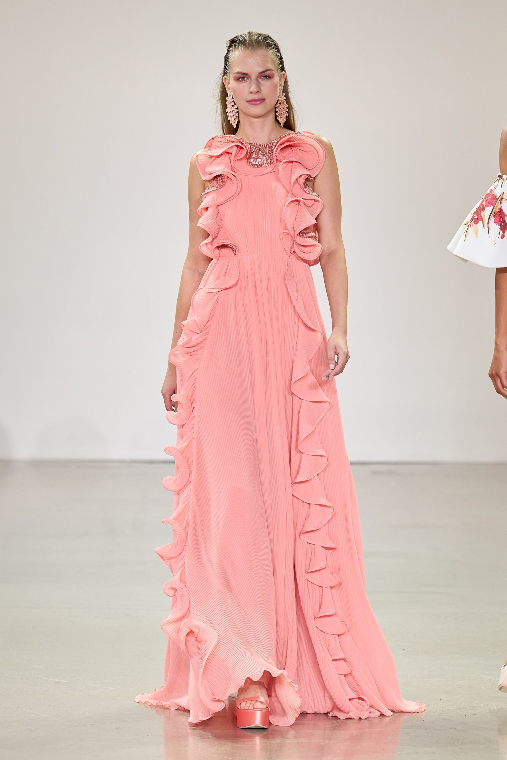 pink chiffon ruffled gown