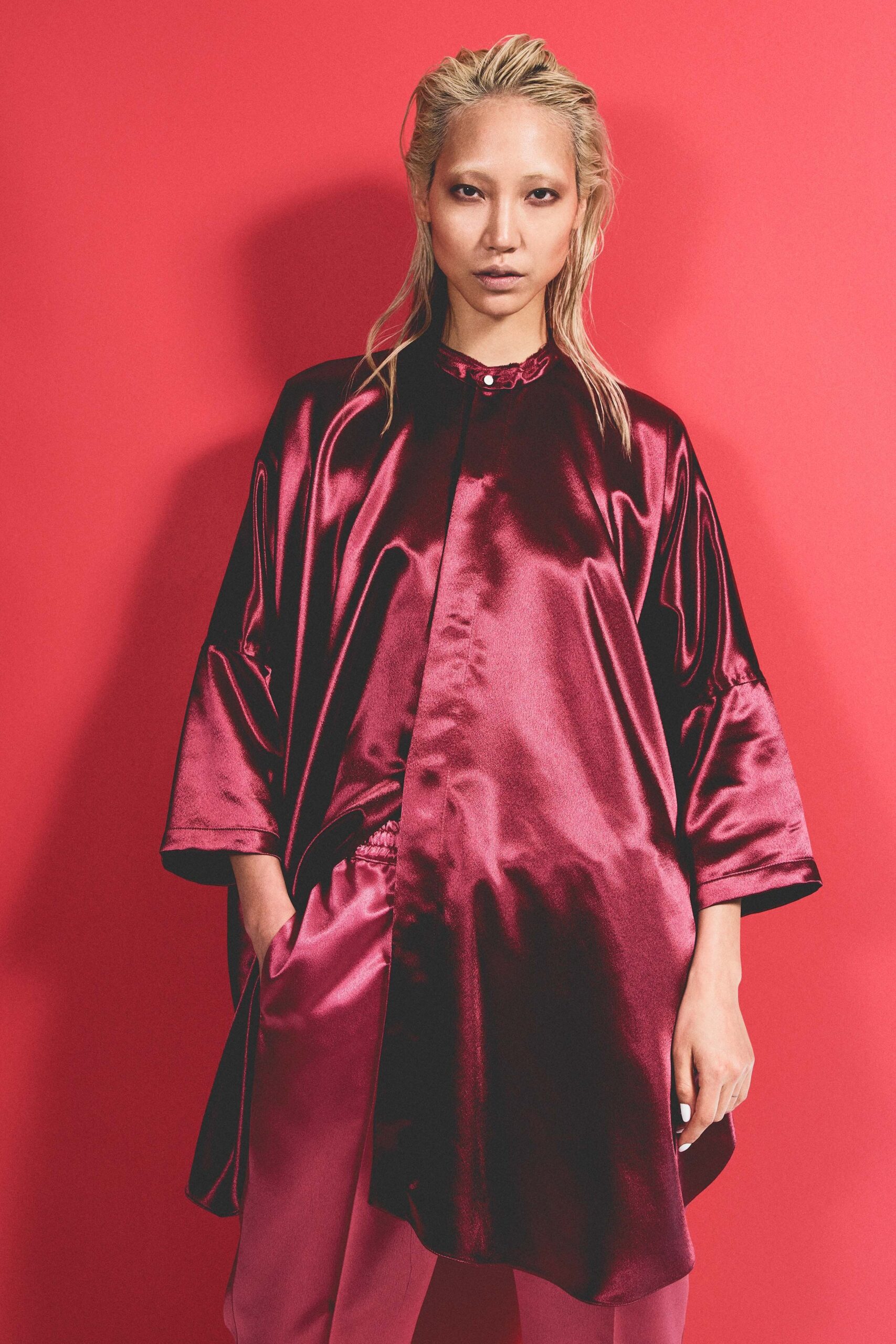 red silk long-sleeve collared relaxed draped shiny top