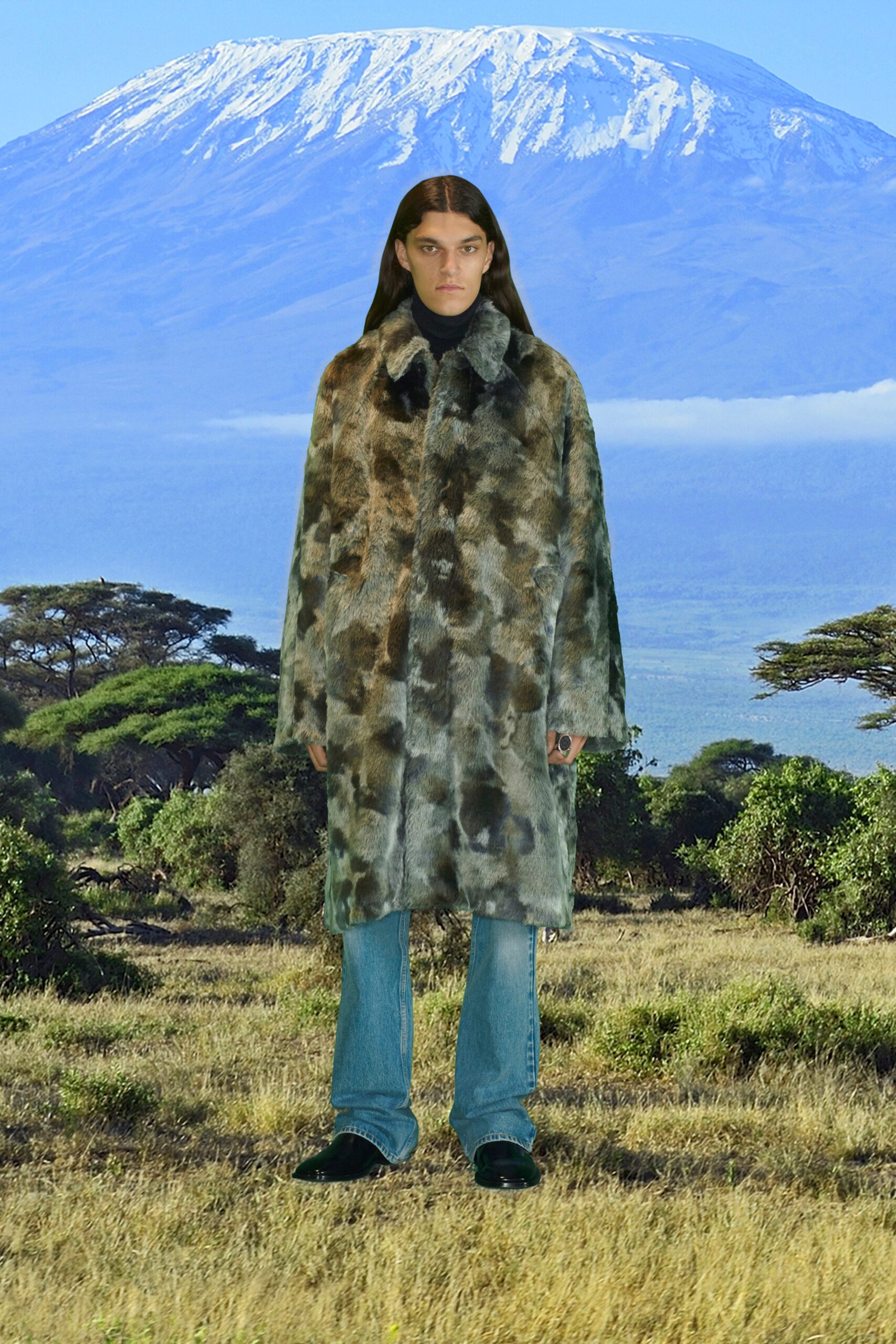 green fur long-sleeve relaxed layered coat