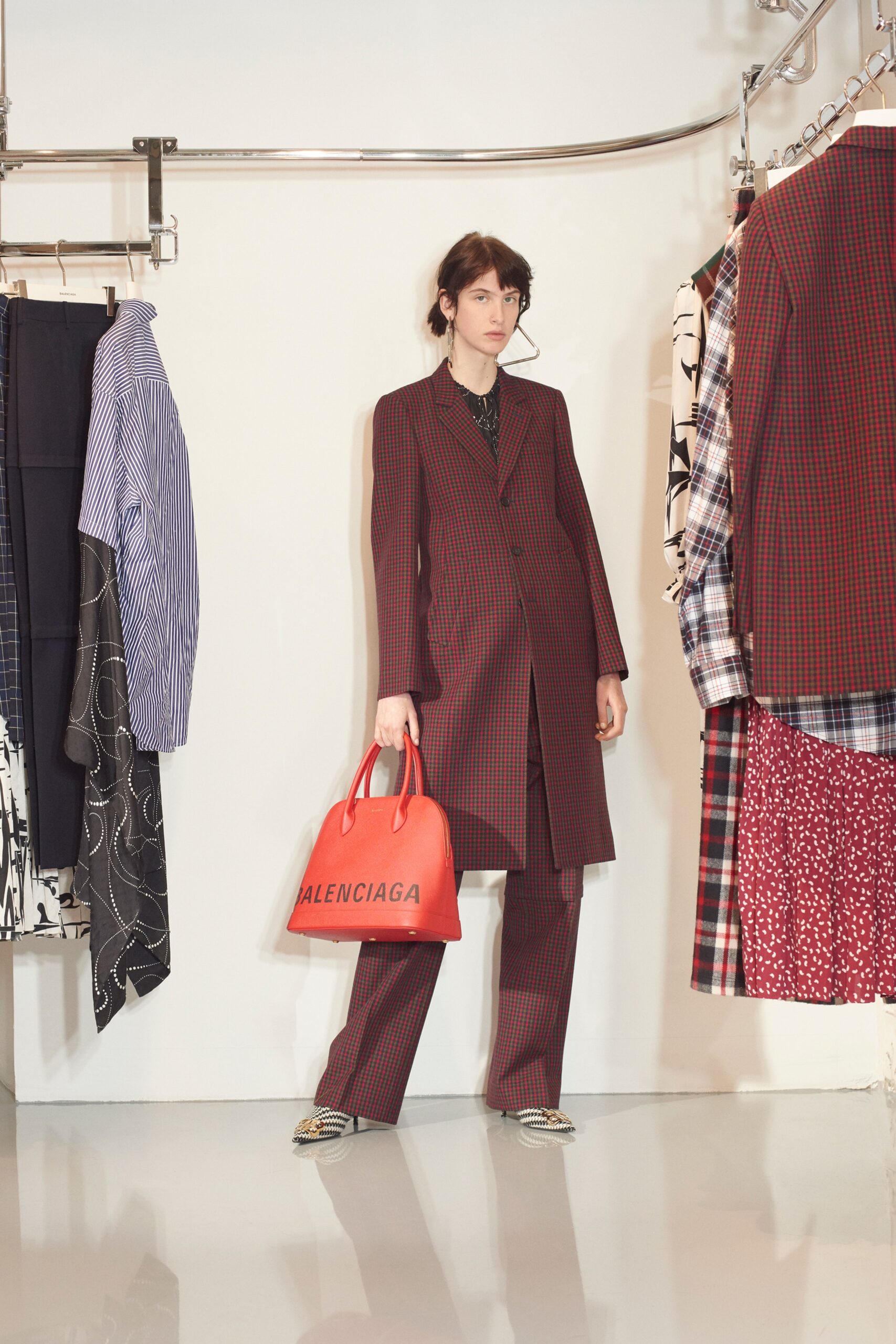 red long-sleeve collared tailored checked suit