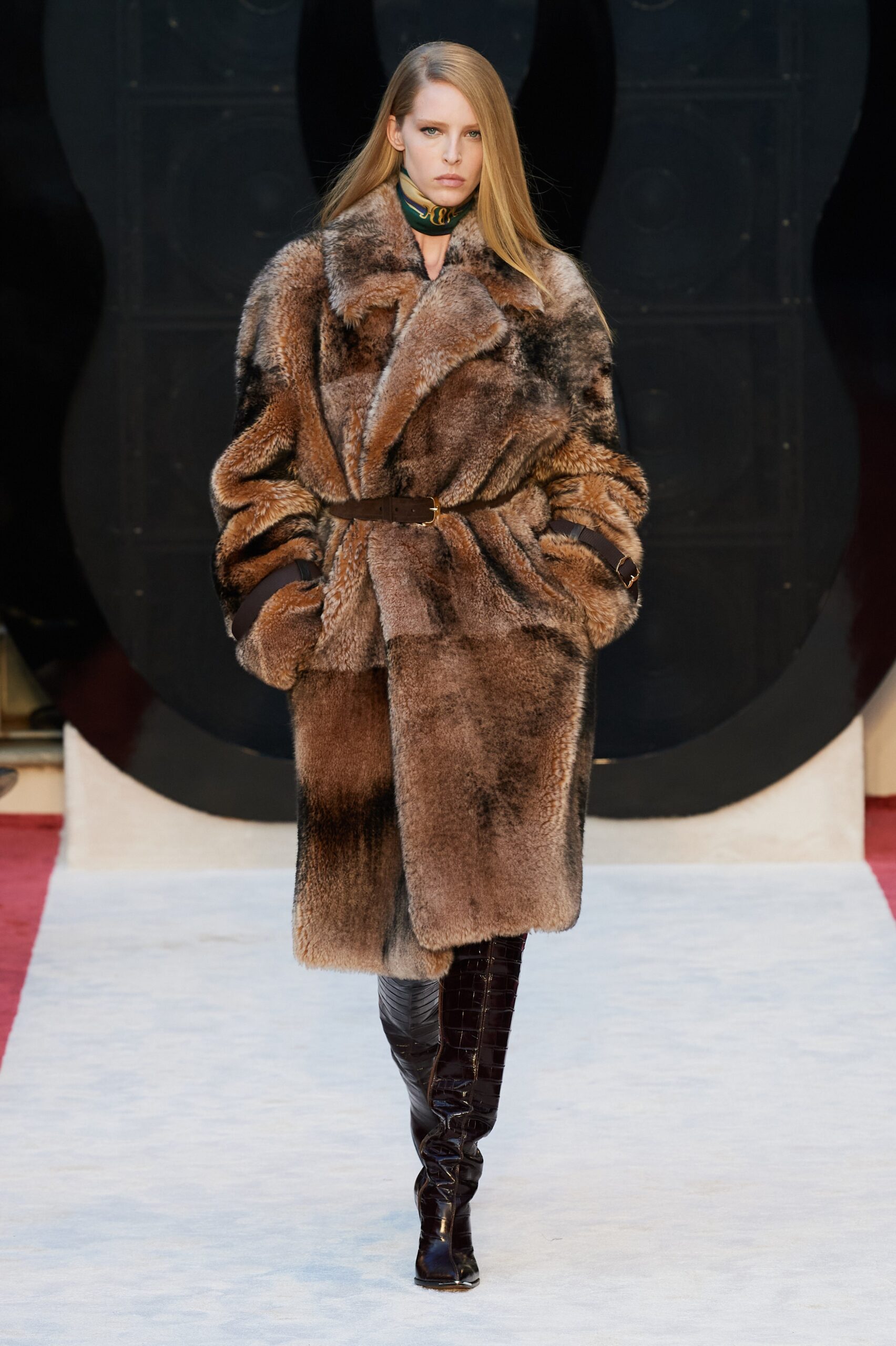 brown fur relaxed coat with black boots