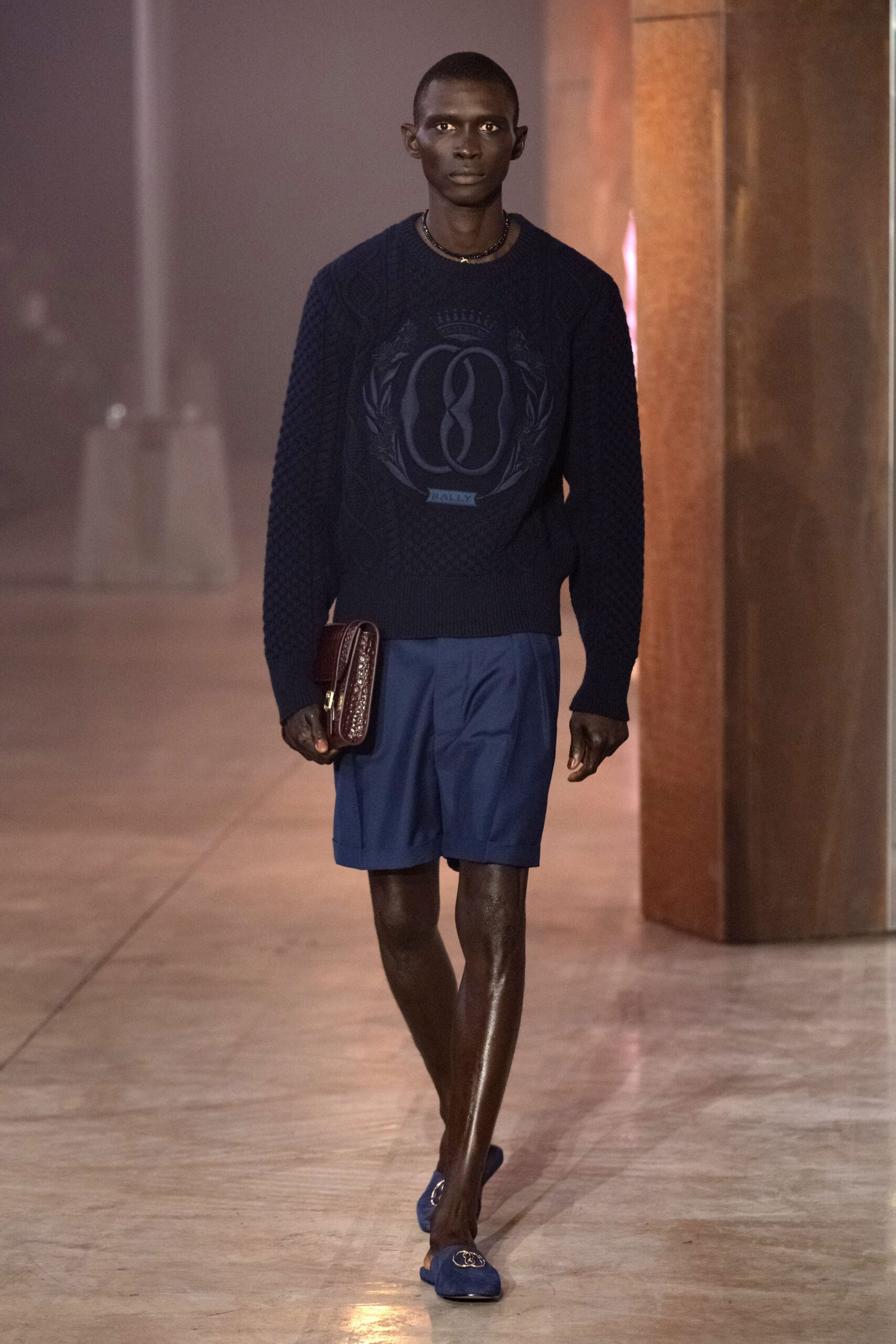 blue cotton long-sleeve collared fitted embroidered sweater