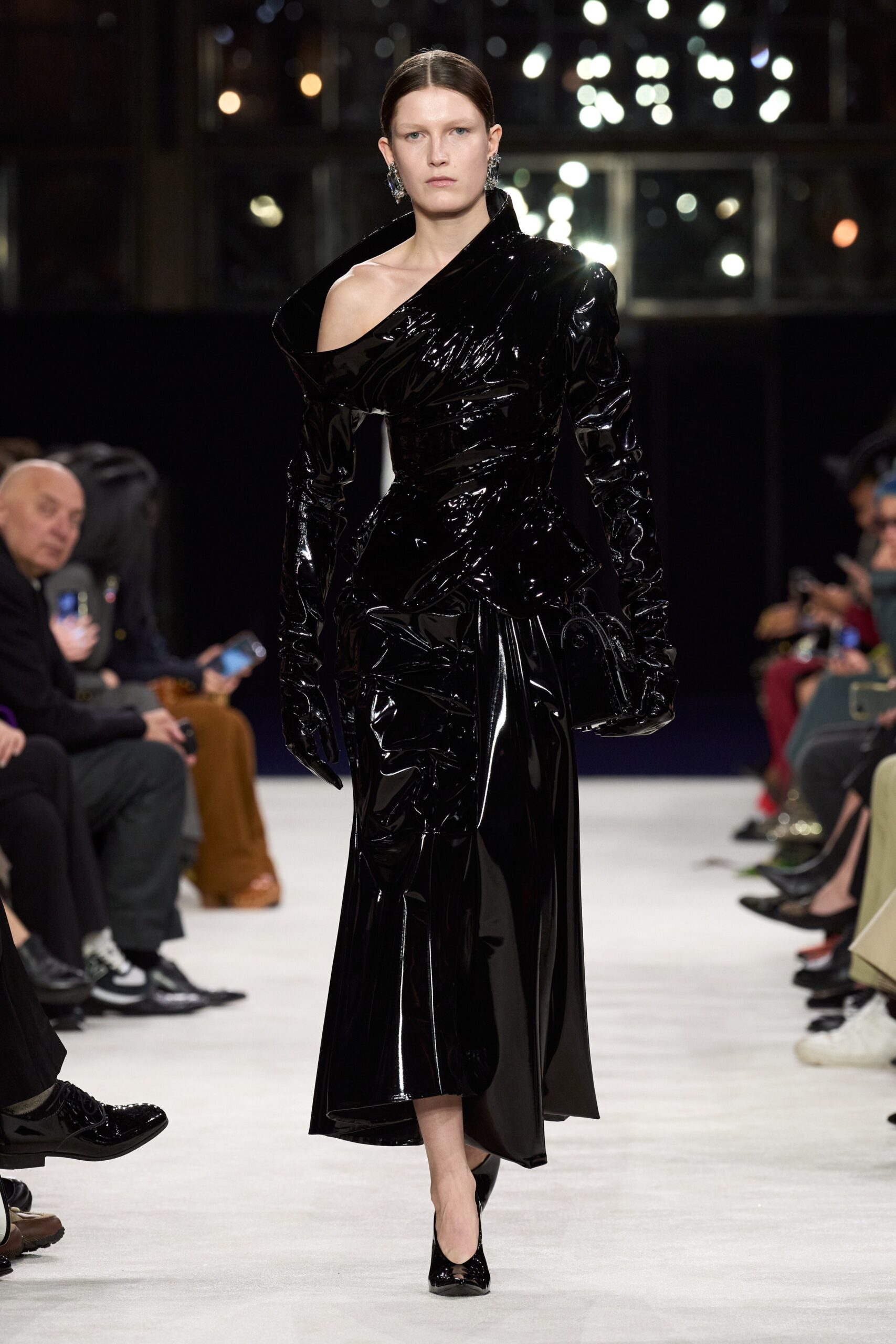 black vinyl off-shoulder dress
