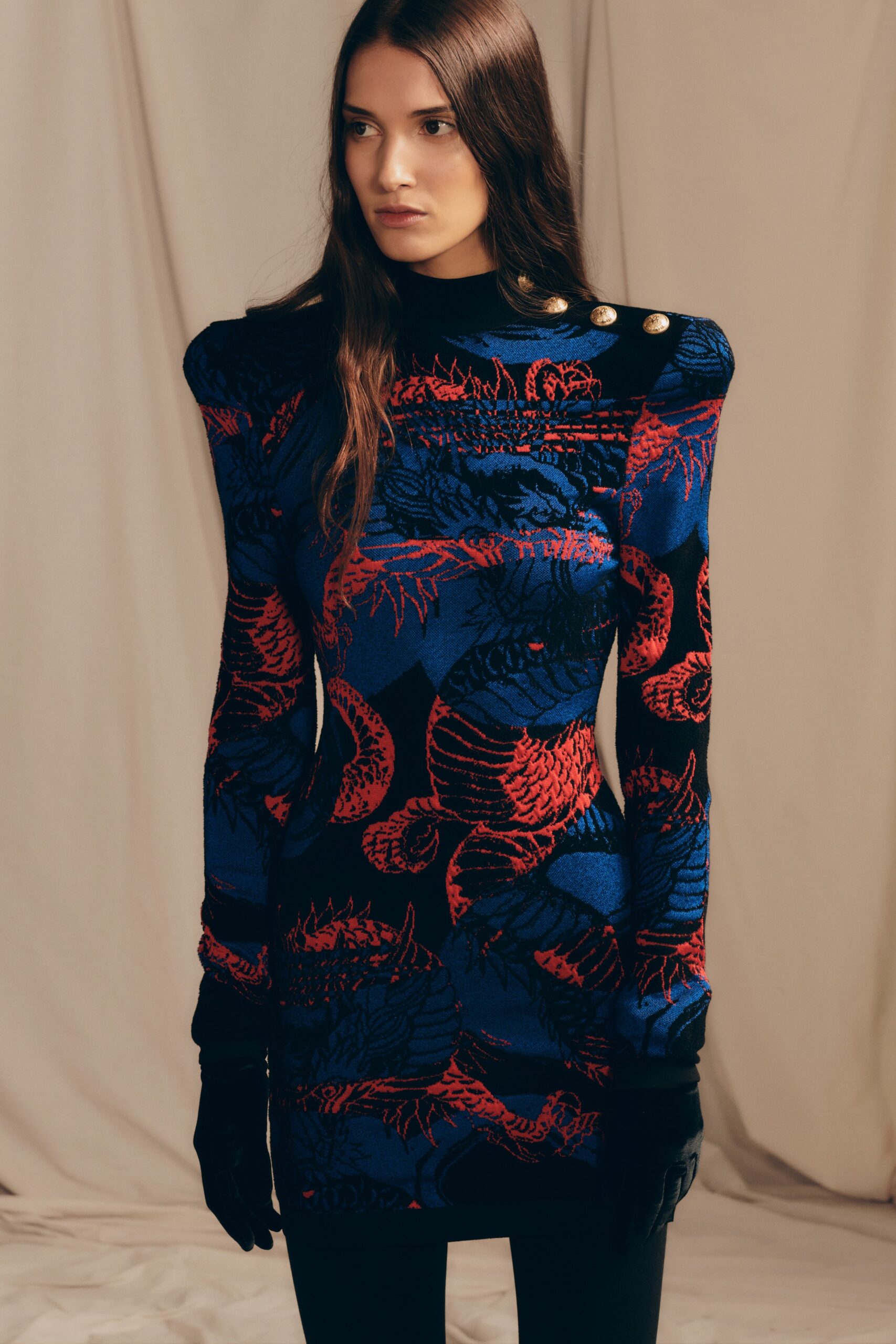 fitted blue and red printed dress
