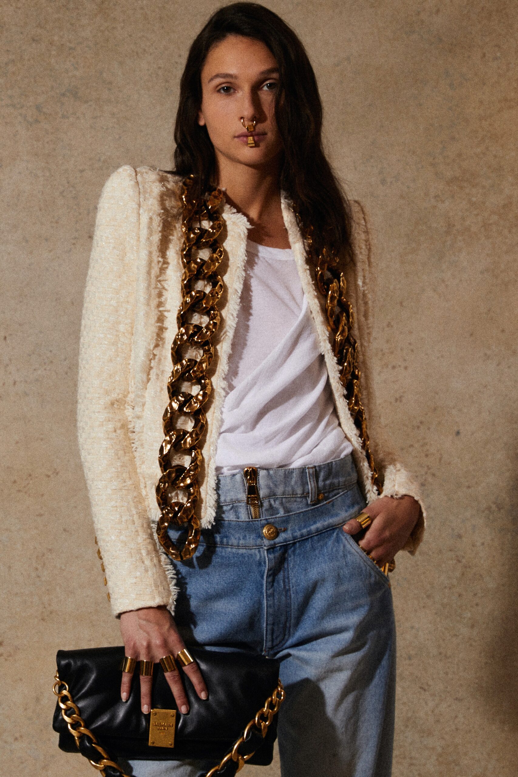 white tweed blazer with denim pants