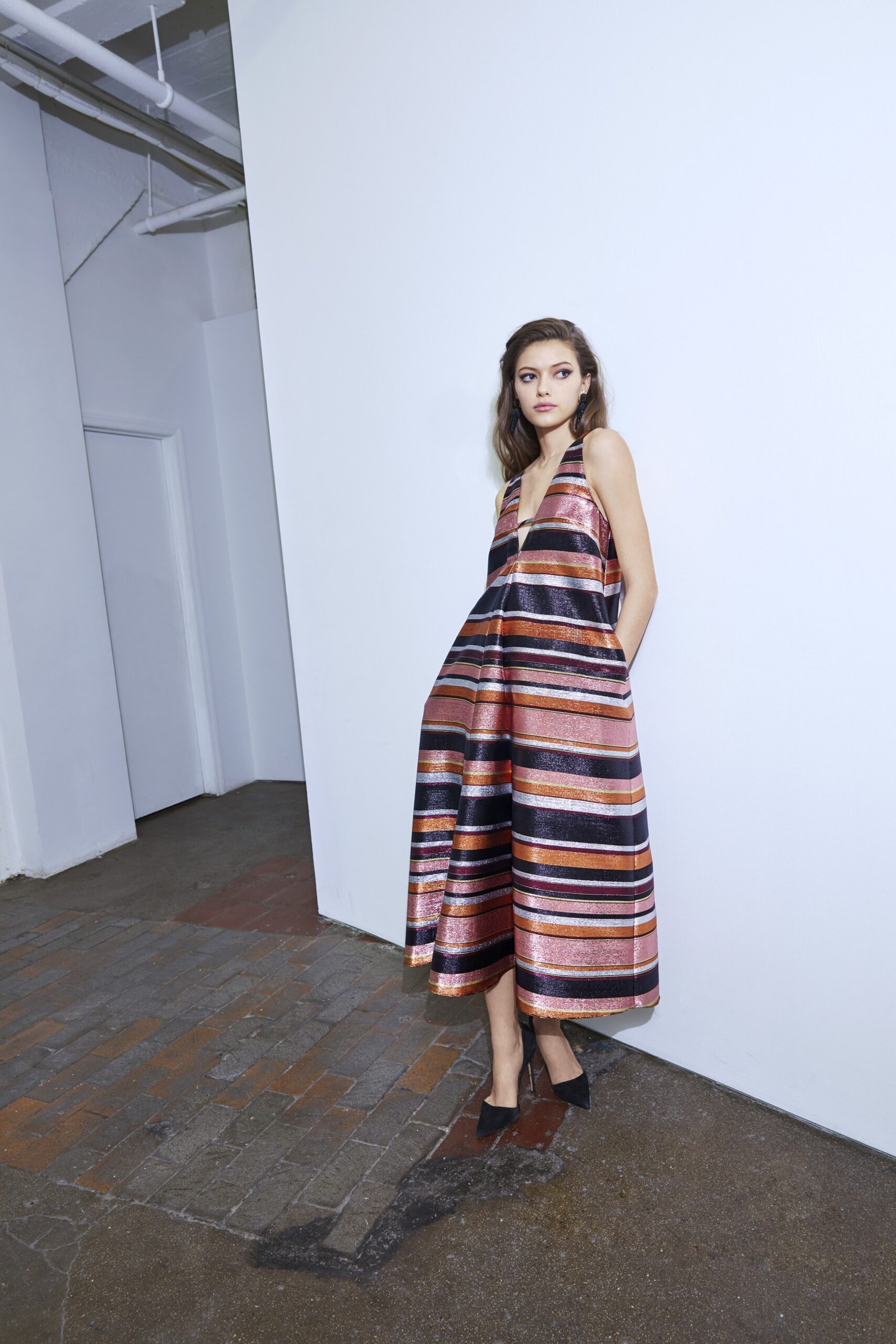 black and pink striped midi dress