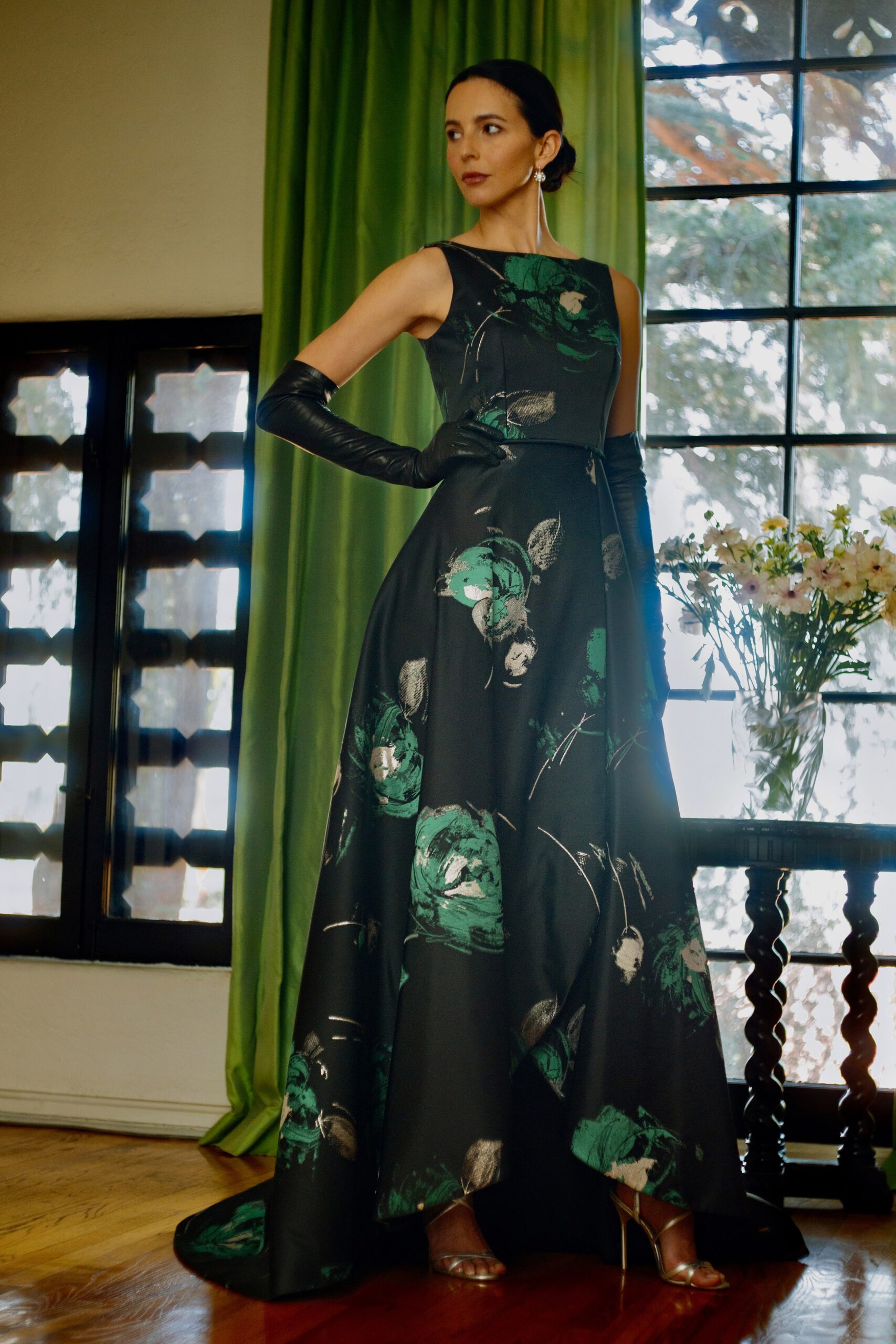 black silk printed gown with gloves