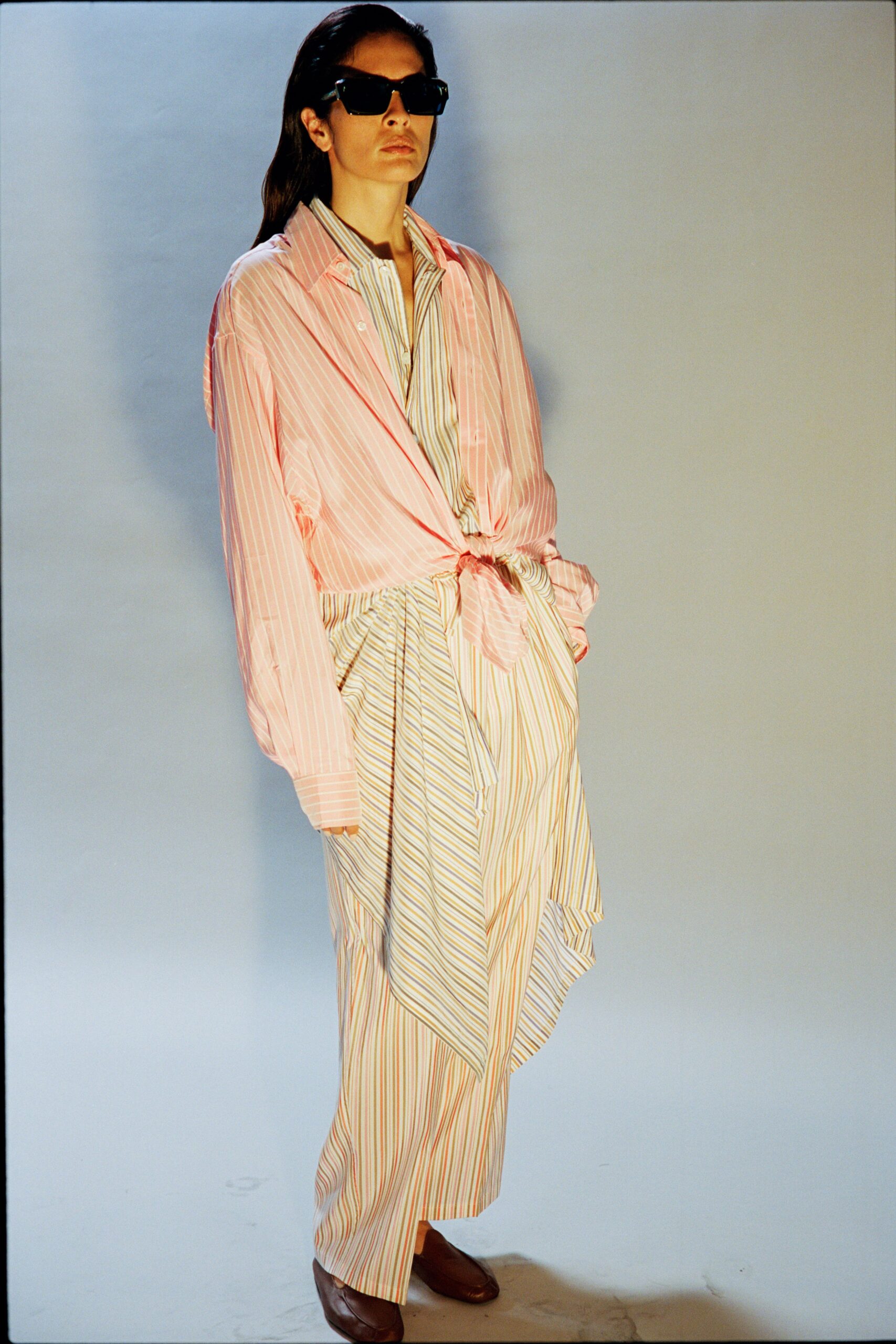 pink cotton long-sleeve collared relaxed striped buttoned shirt