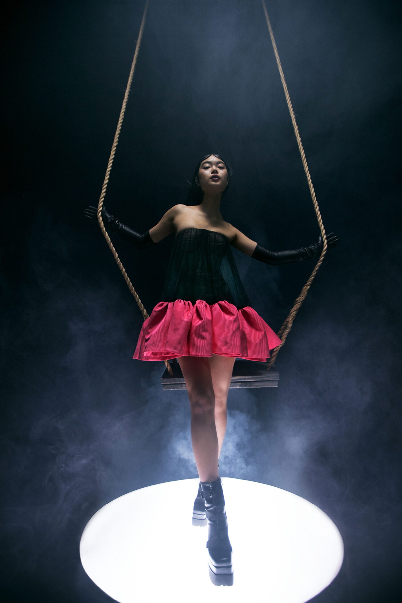 black and pink pleated mini dress