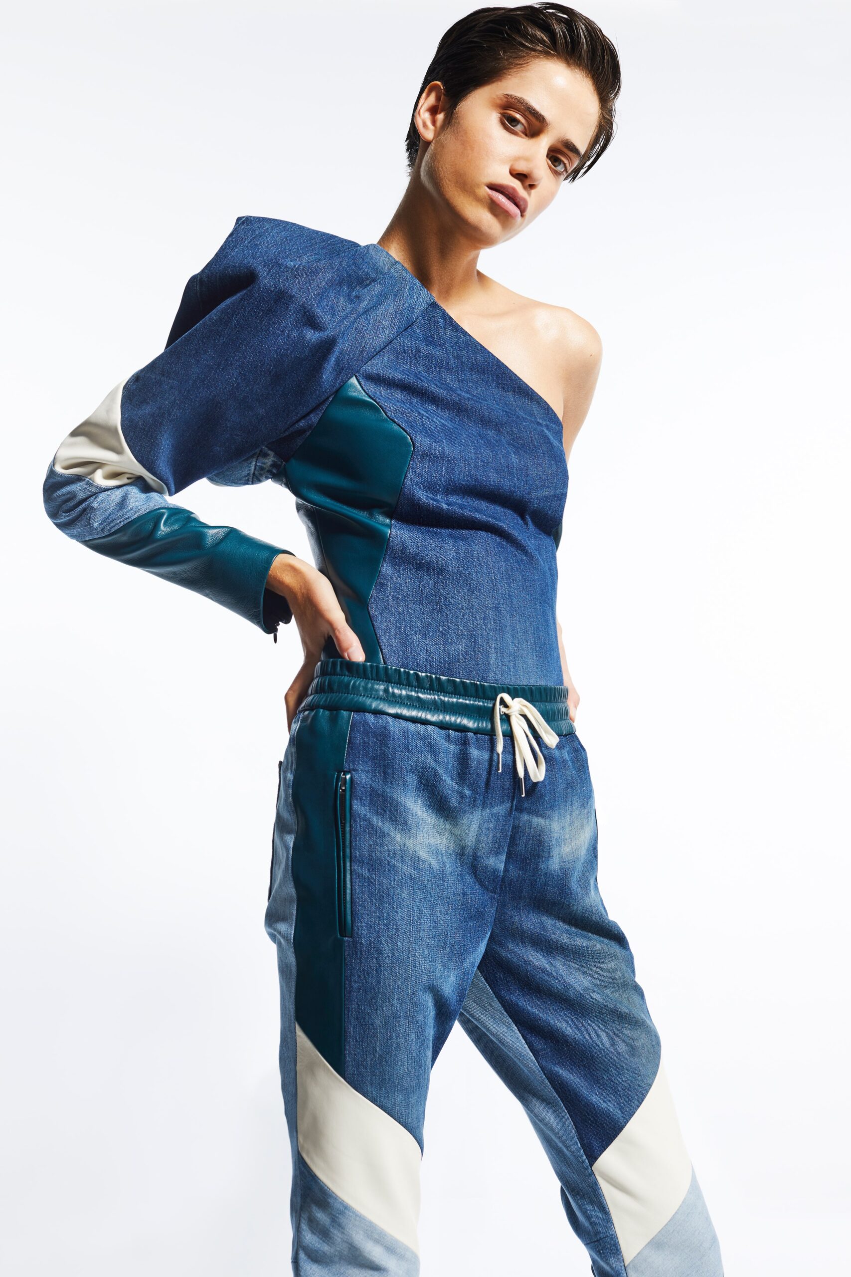 asymmetric denim top with relaxed pants