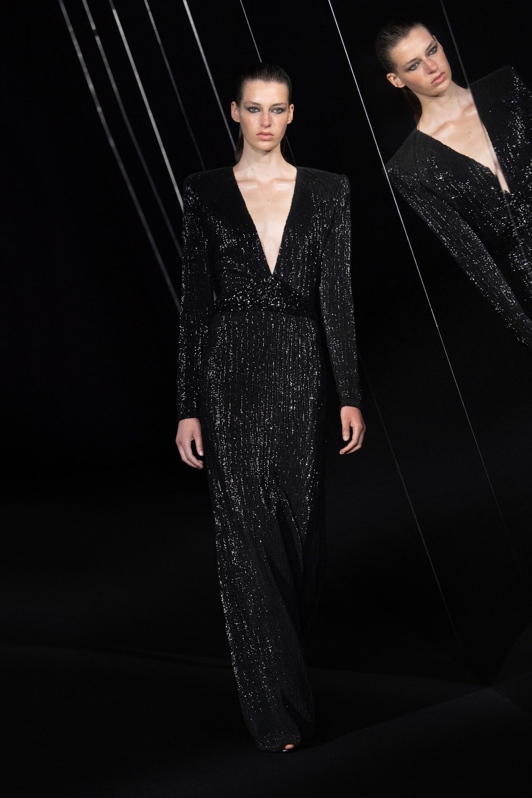 black sequined long-sleeve gown