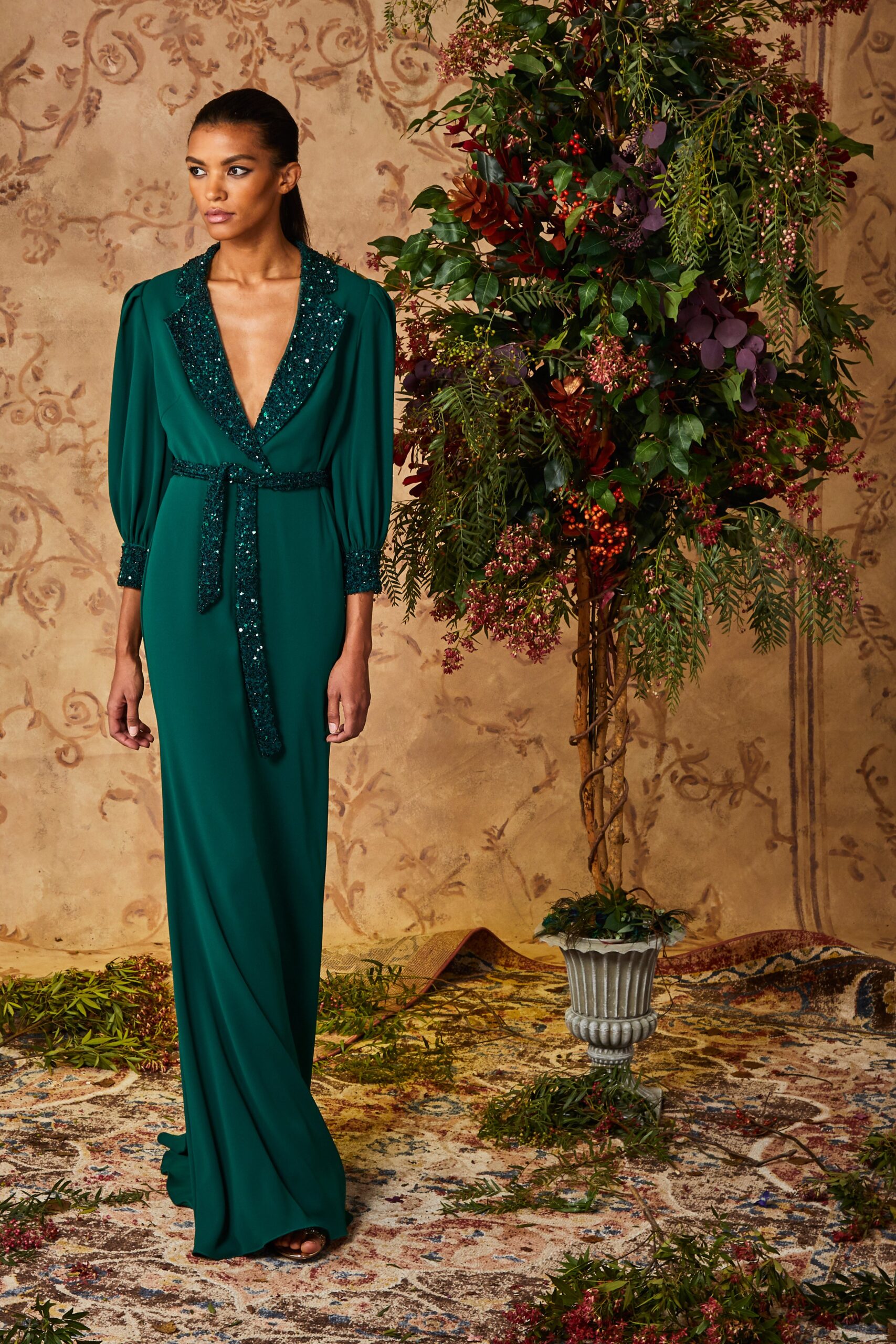 green silk belted gown