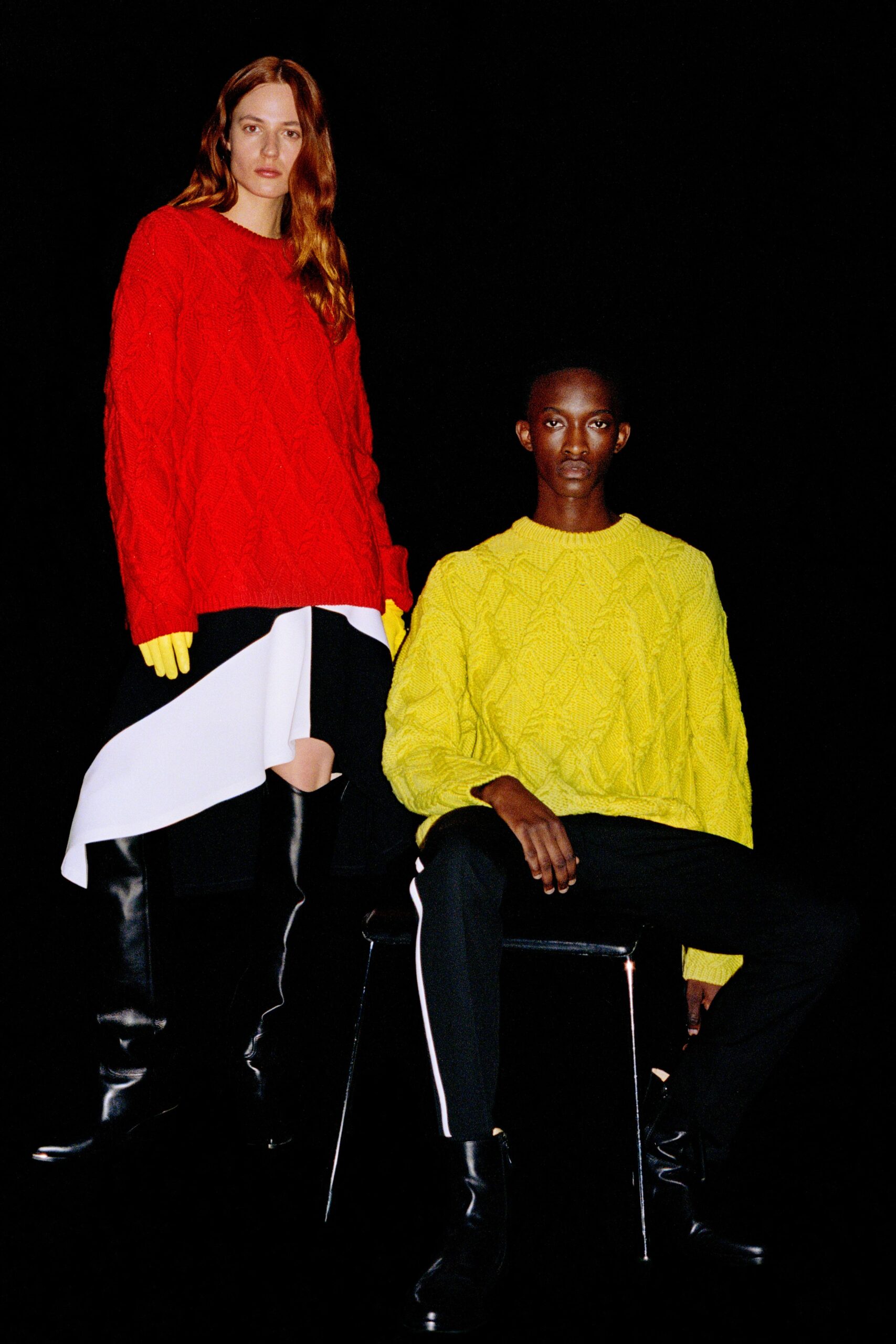 yellow wool long-sleeve collared relaxed textured sweater