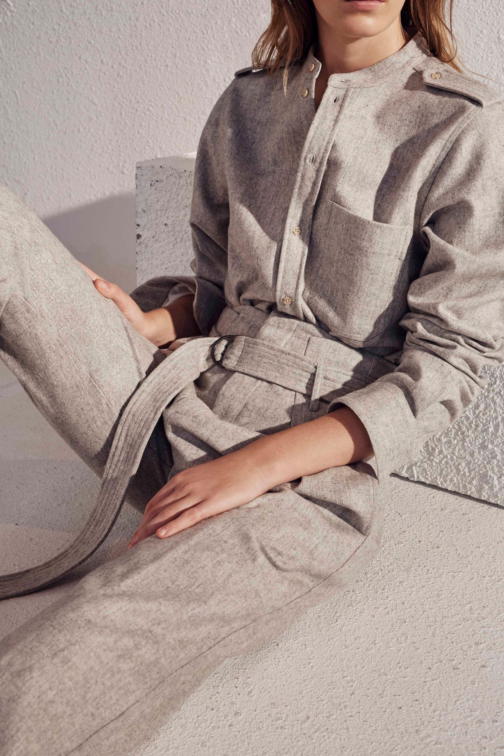 beige cotton fitted high-waisted belted straight-leg pants