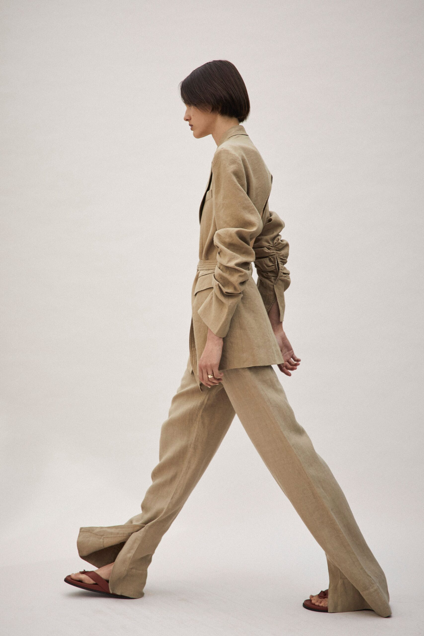 beige linen tailored blazer and pants
