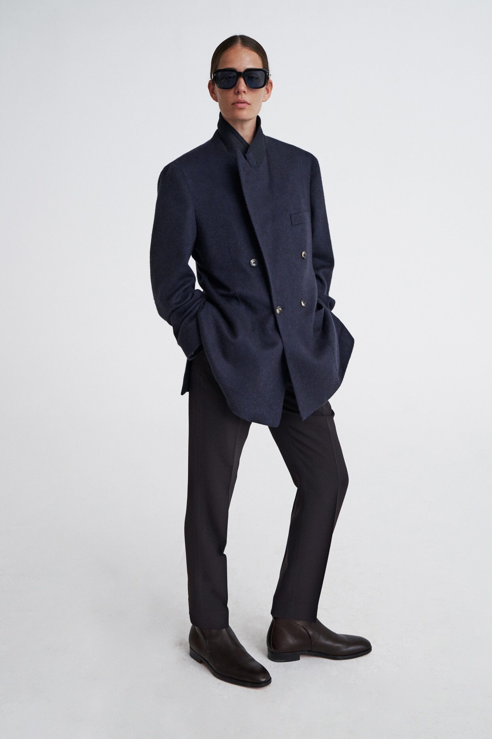 blue wool relaxed blazer with black pants