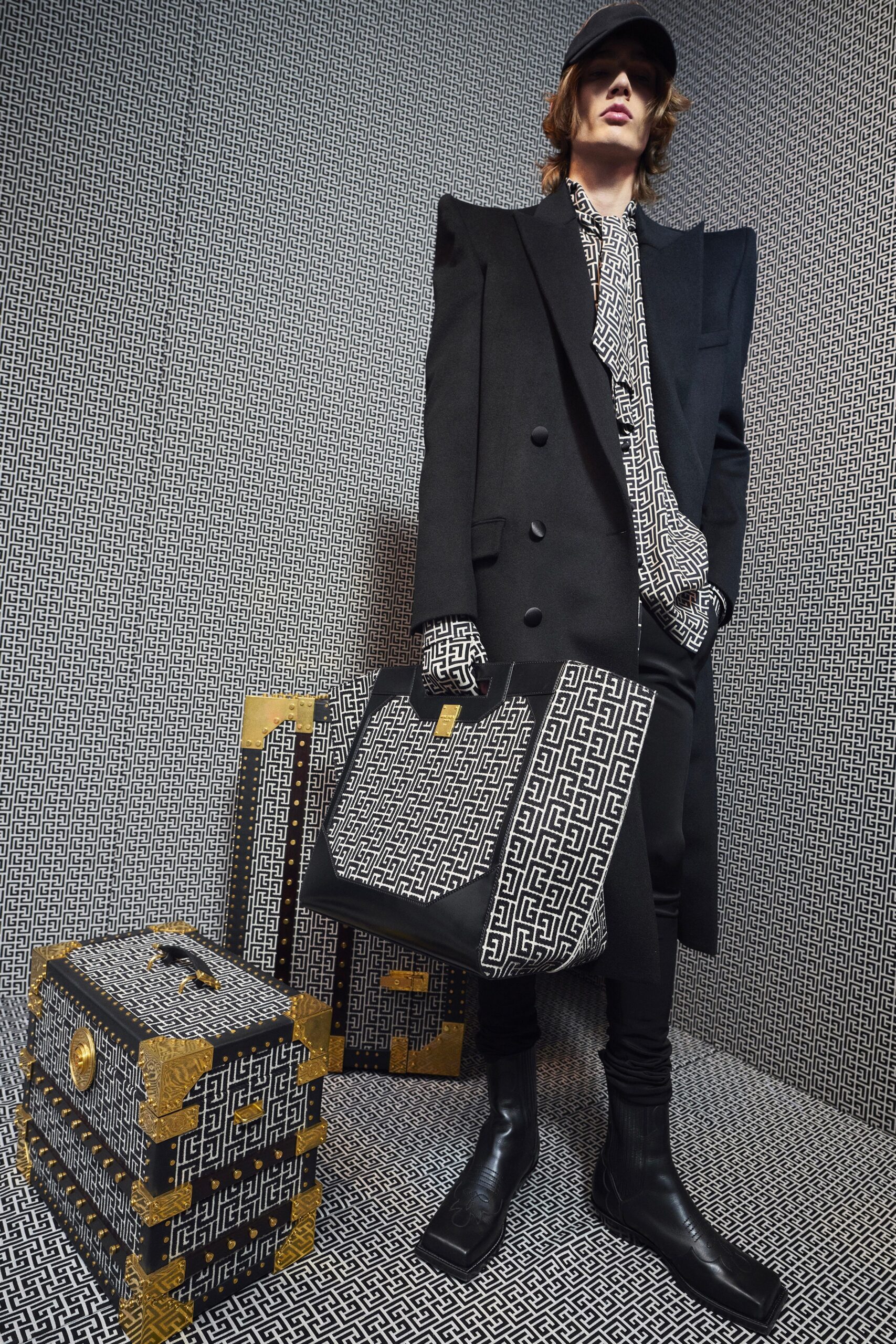 black wool long-sleeve double-breasted structured layered coat