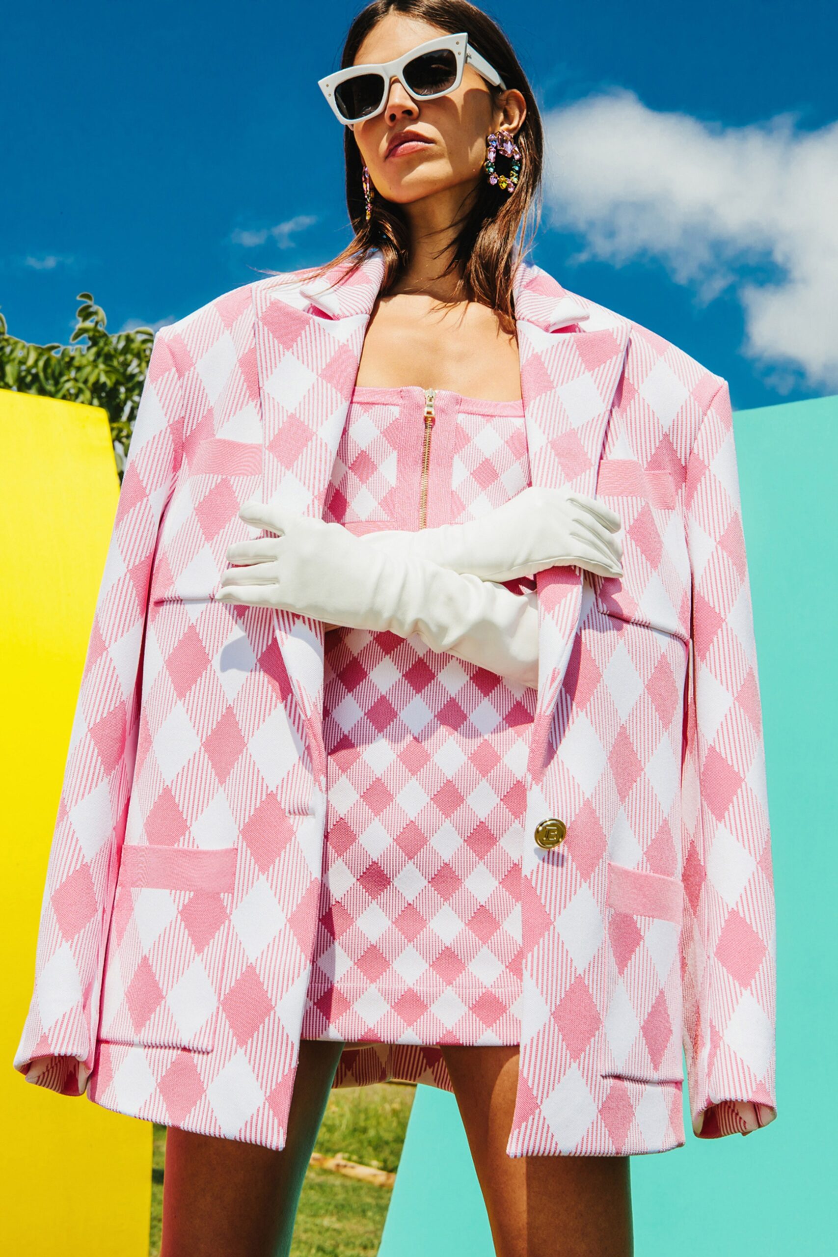 pink and white oversized blazer with mini-dress
