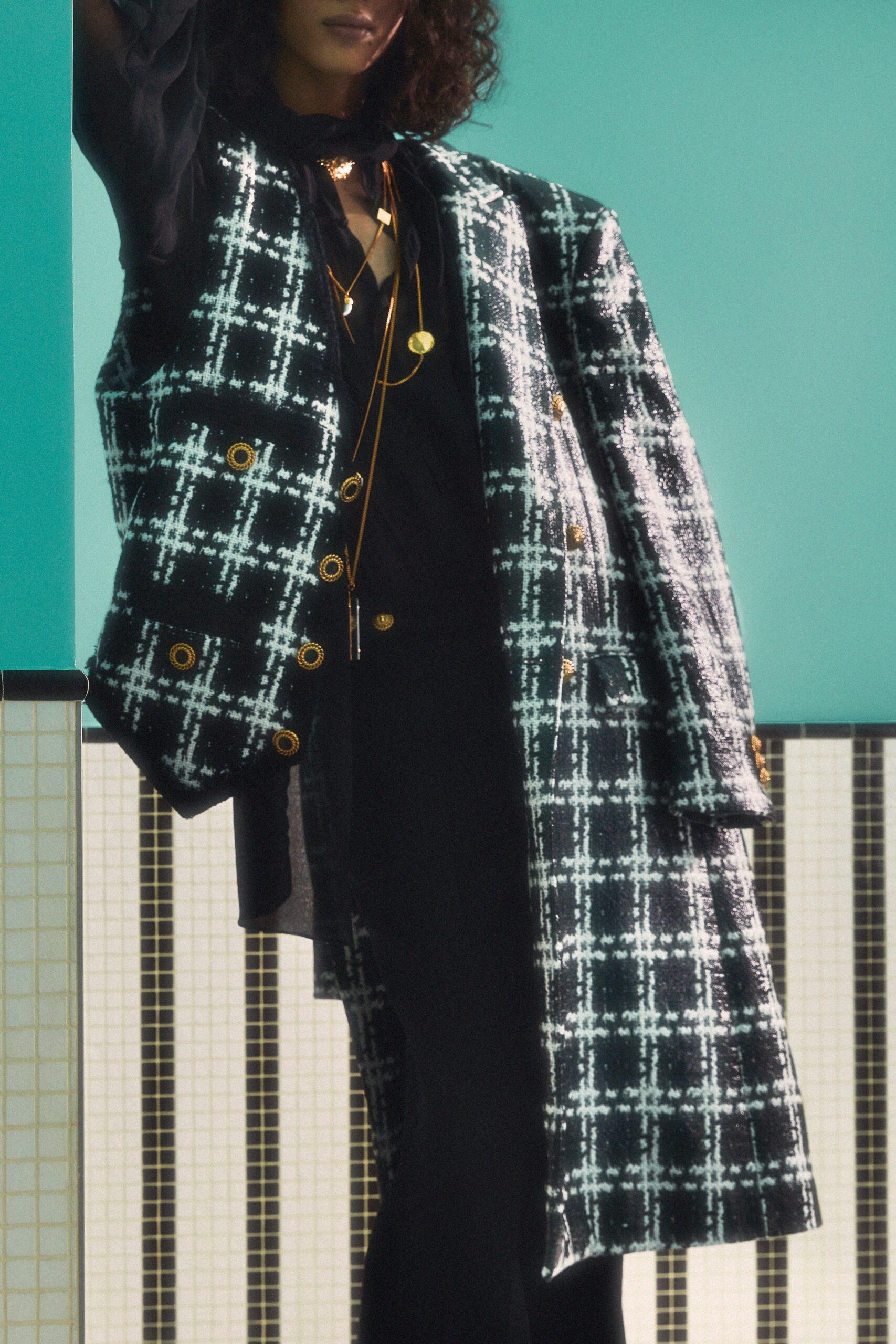 checked black and white coat and vest